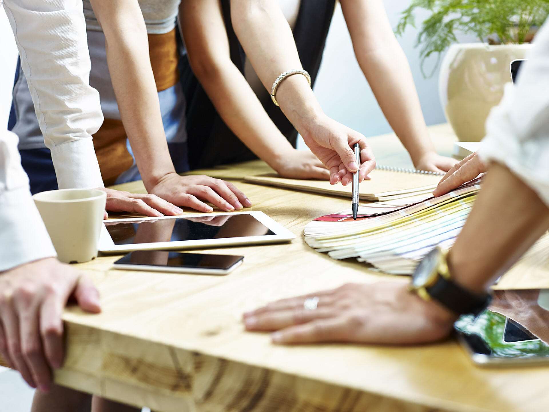 年轻商务设计师讨论调色板颜色使用方案