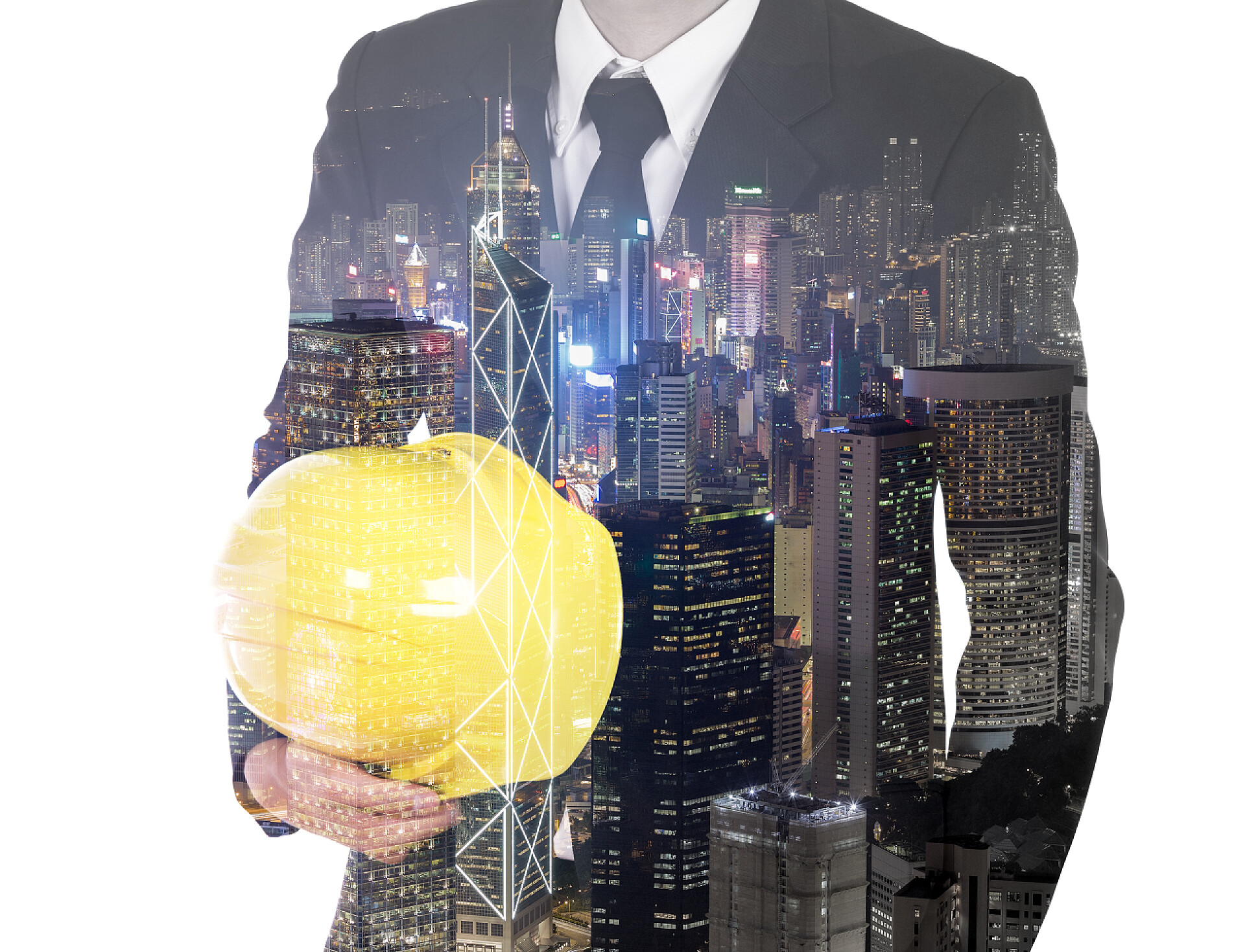 城市建筑二次曝光的工程师与白色背景上的一座城市夜景