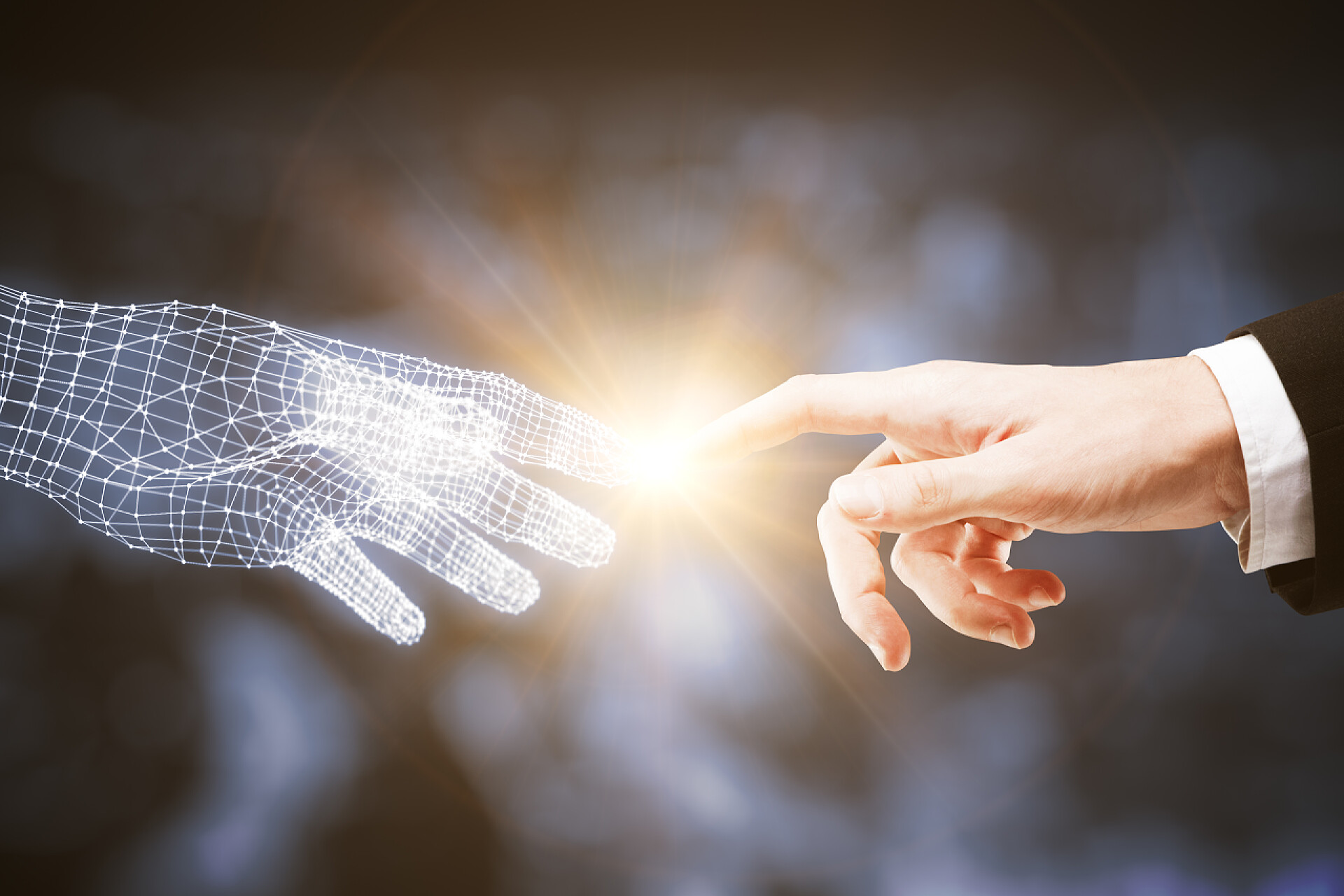 科技触摸模糊城市背景下的真实和数字男人的手指