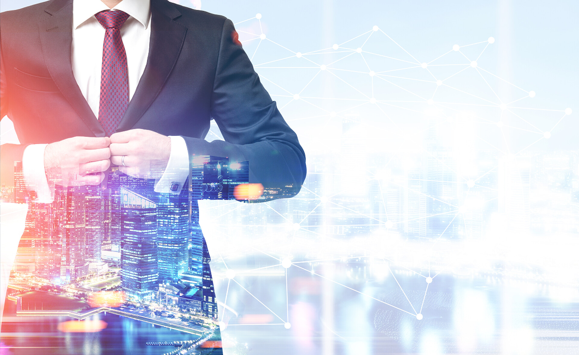 商务扣西装扣子的男商人扣现代城市全景融合的背景