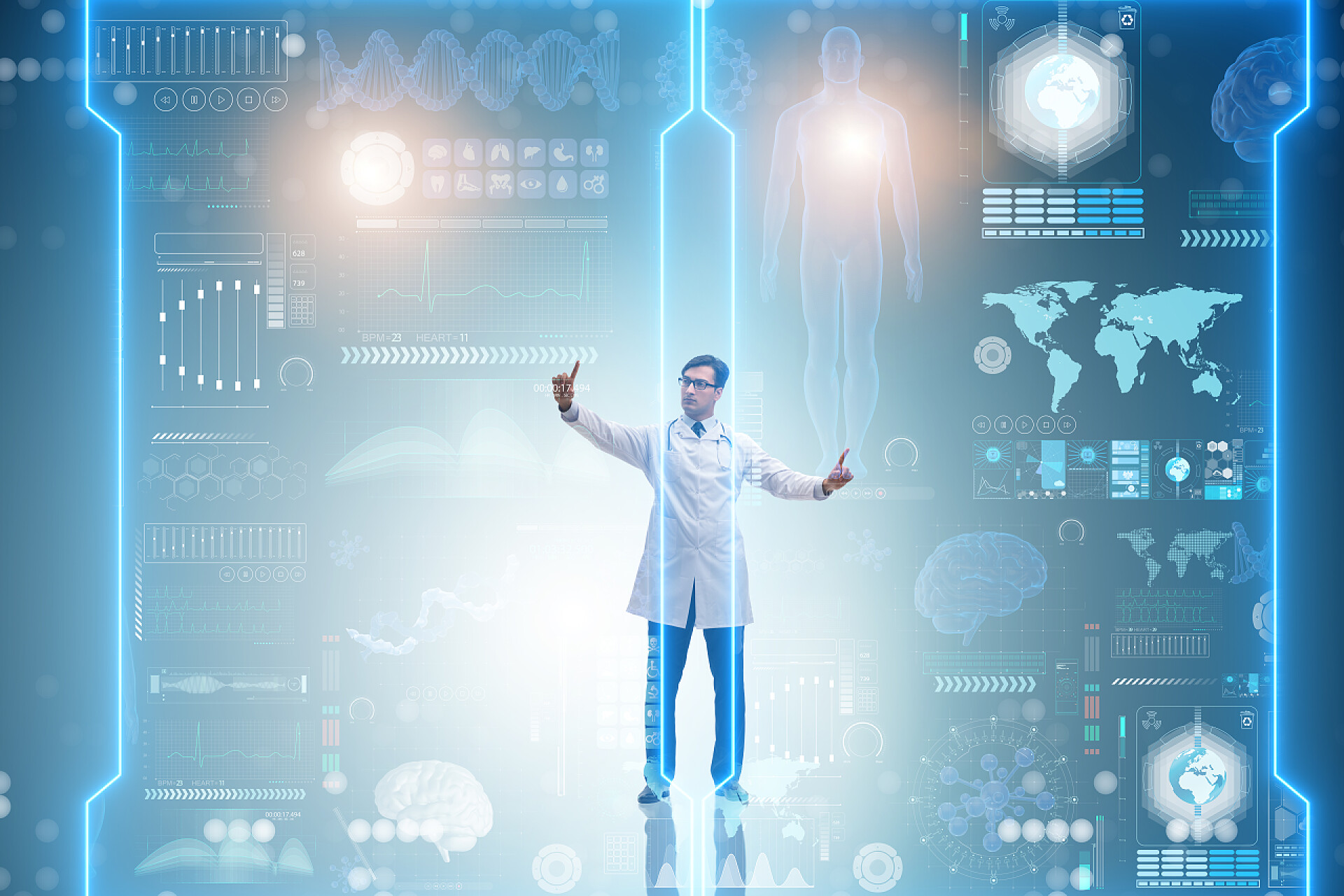 医药科研医疗博士在全息界面上按下按钮