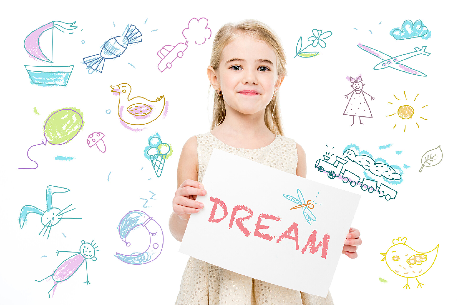 白色背景上一个美丽的小女孩拿着一幅画插画