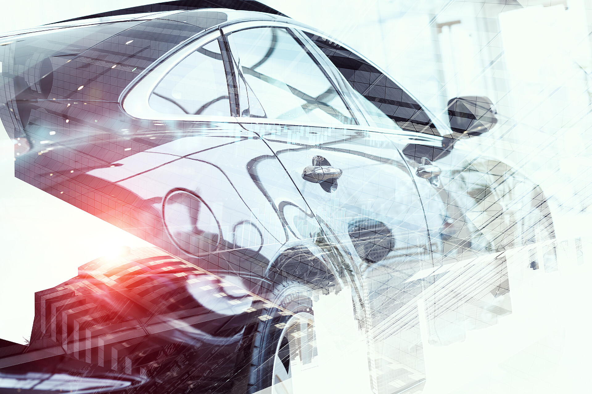 双曝光的汽车和现代城市交融