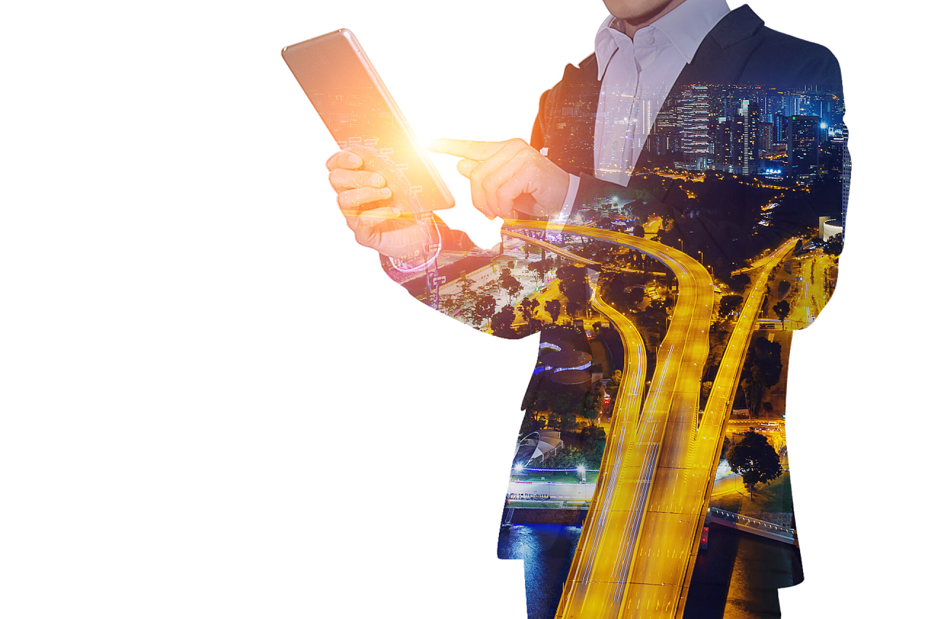 商务白色背景上的商人手拿电脑和城市建筑融合的背景