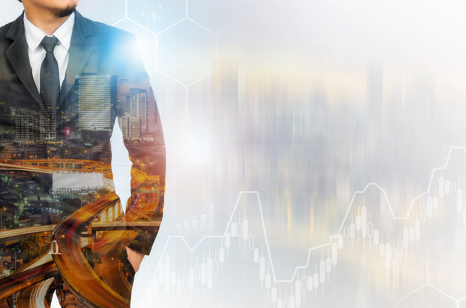 年轻商人与空间抽象城市背景图