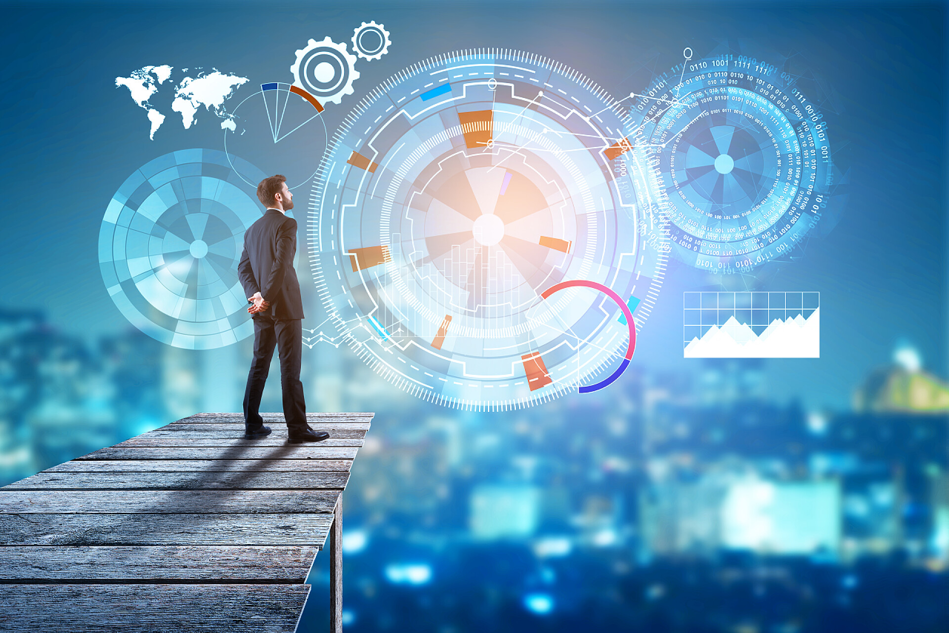 商务男人站在城市上空码头的业务全息图