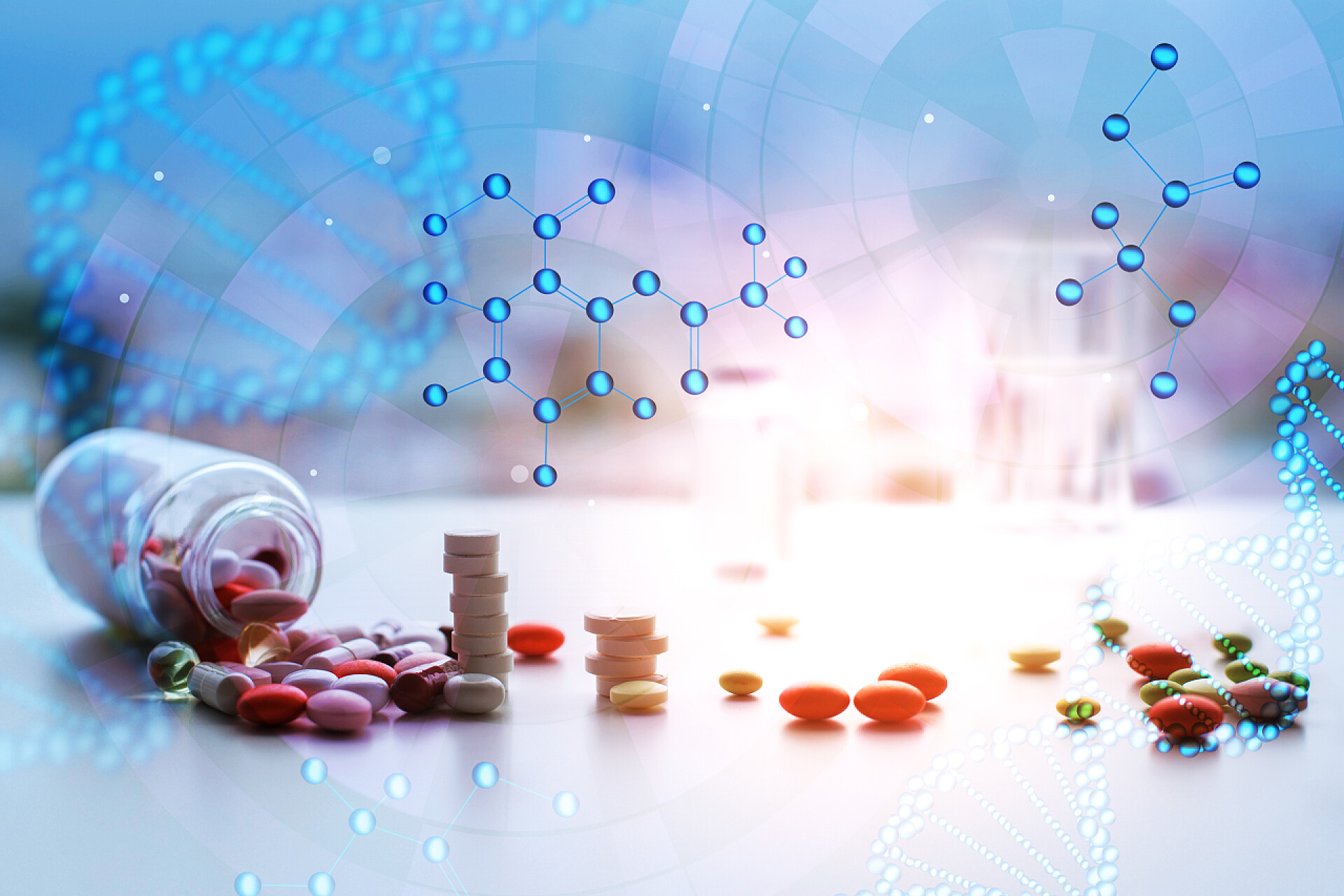 医疗健康基因链和药片融合的背景