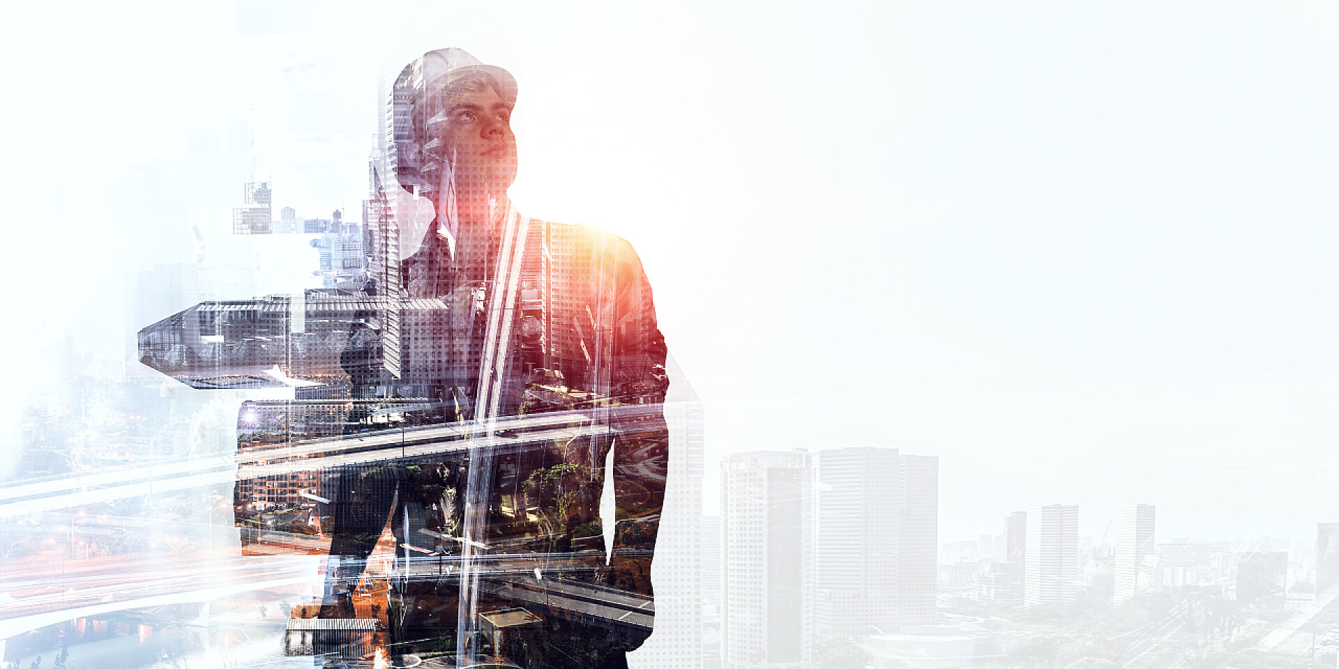 城市景观和建筑工人融合的背景