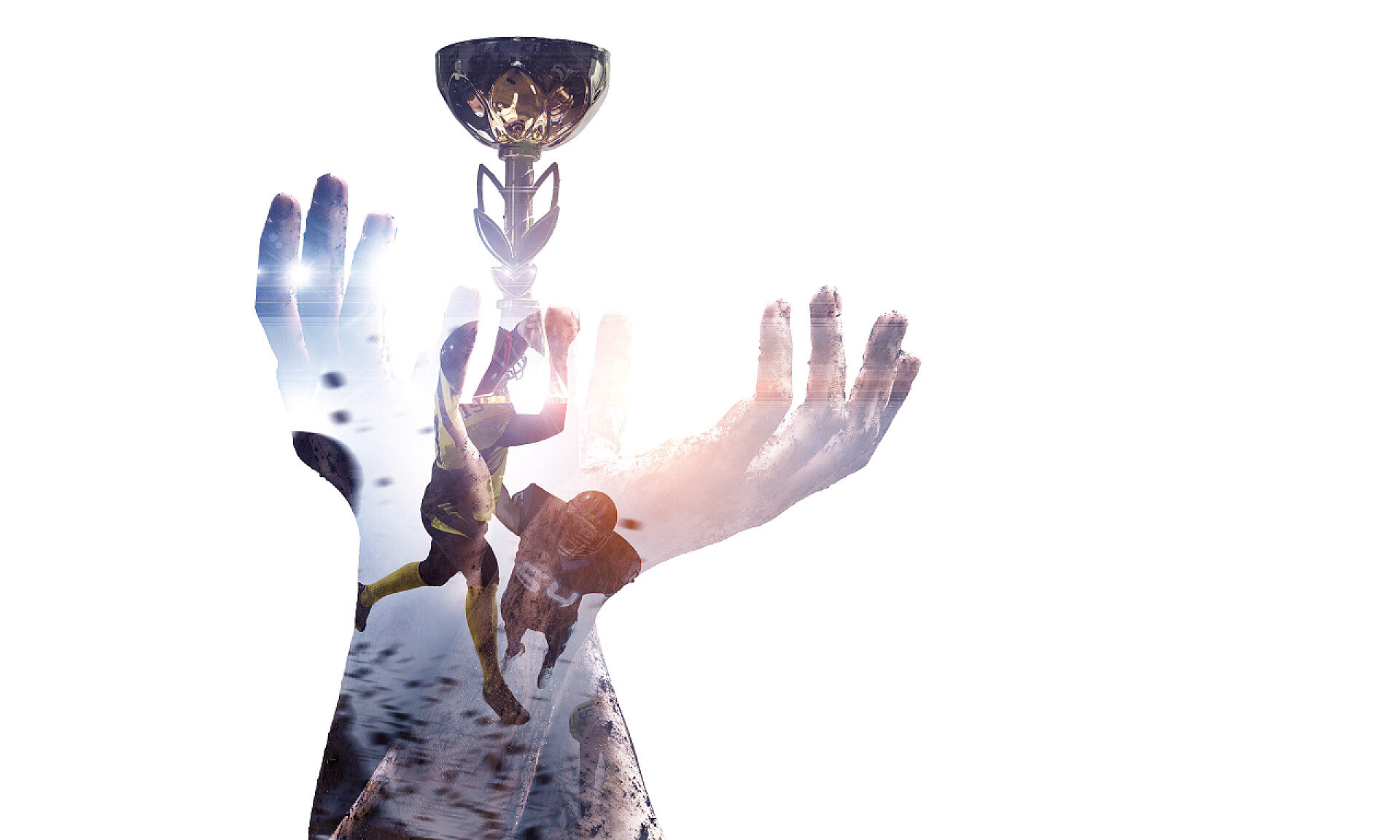 体育二次曝光杯球员的手在白色背景上和奖杯融合