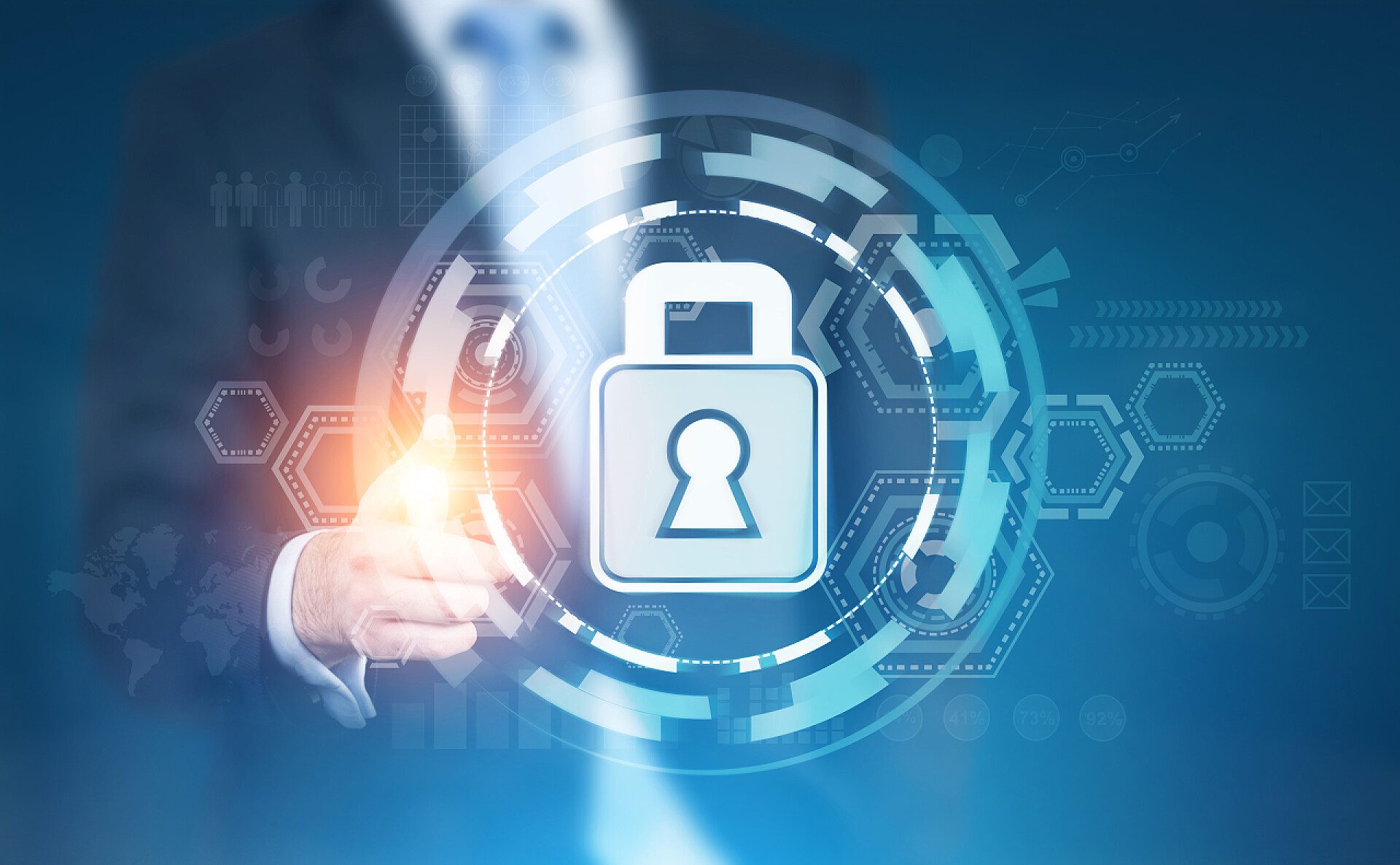 商务商人用手指触摸数字安全显示器