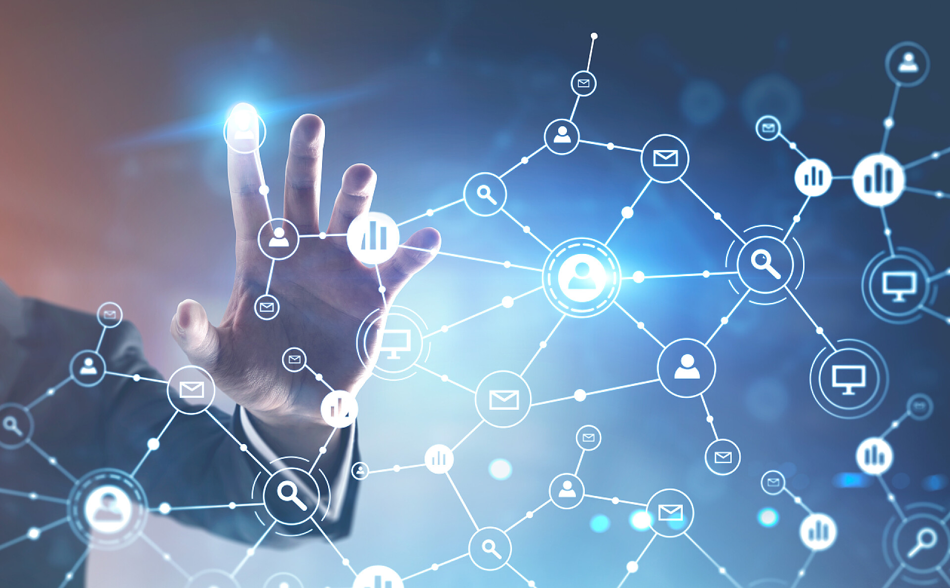 商务商人用手指触摸数字网络全息图