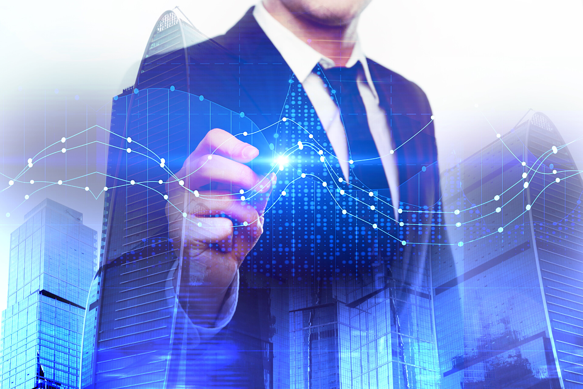 商务商人绘制外汇与抽象城市背景下的商人