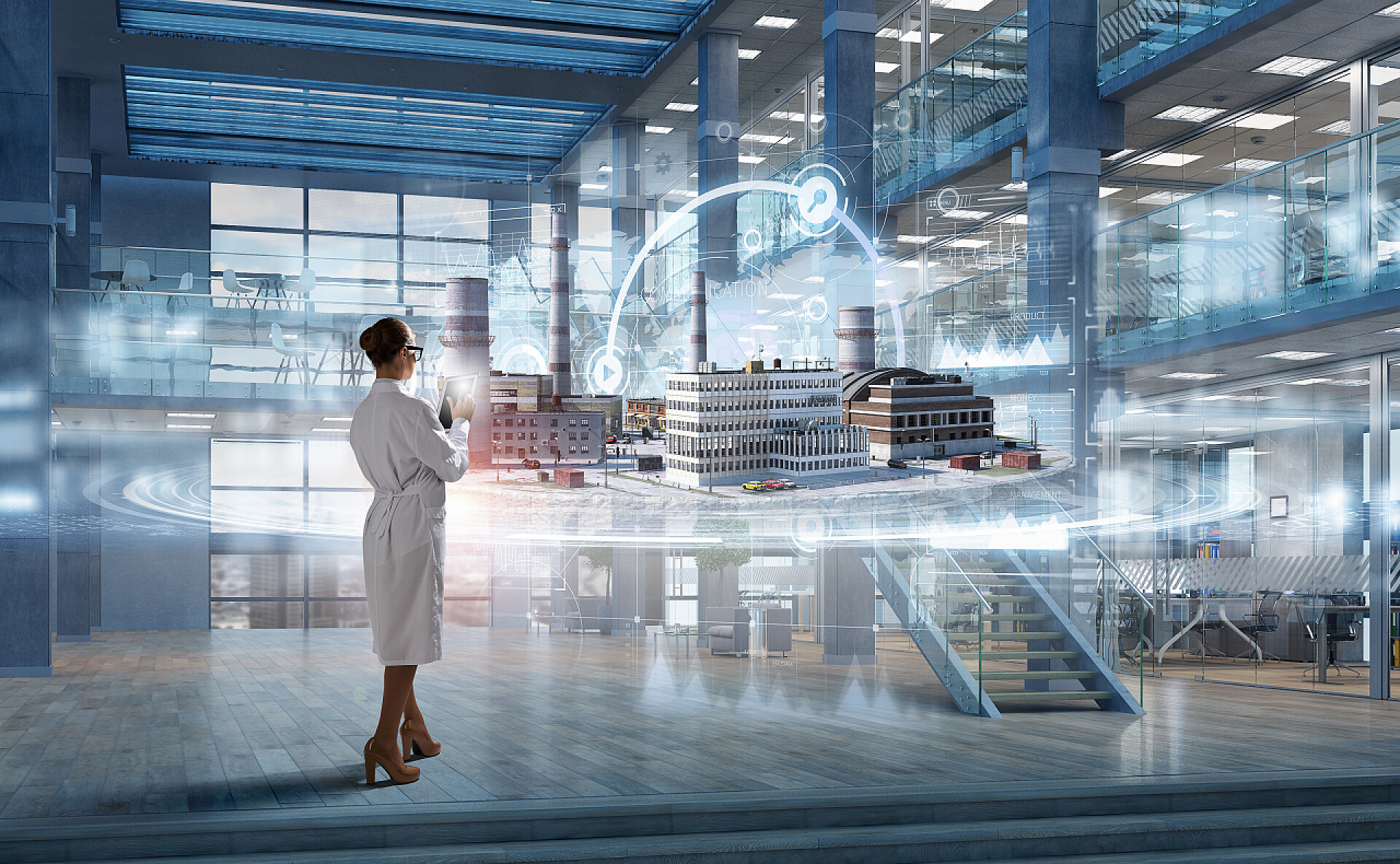 商业商务科学女科学家和工业大楼设计高科技办公楼