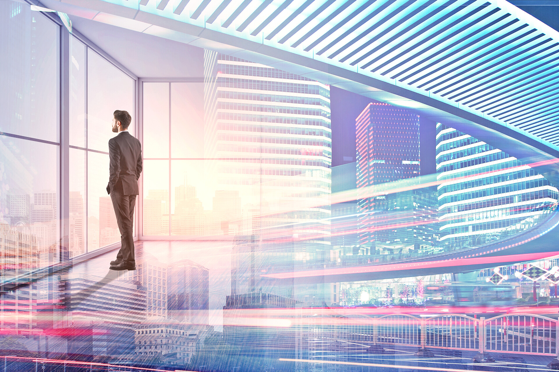 商务商人看向窗外和城市景观融合的背景