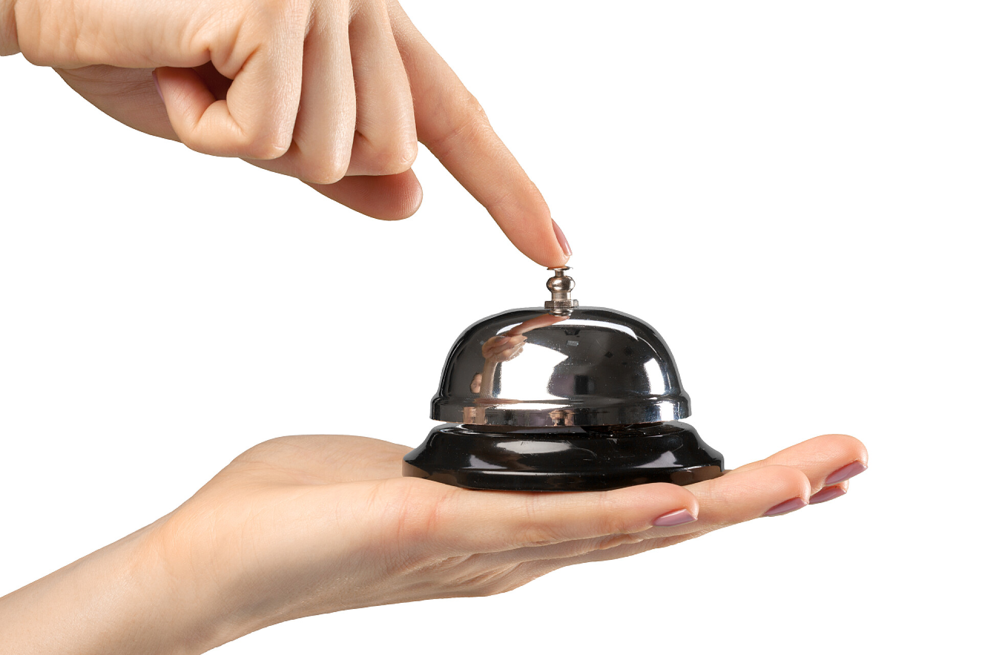 白色背景上的左手托着响铃右手指按下