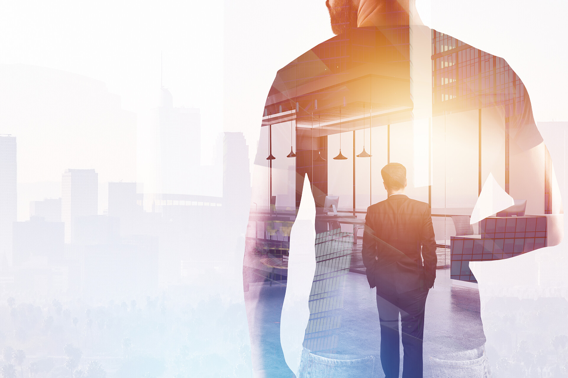 商务商人和抽象办公室内部融合的背景