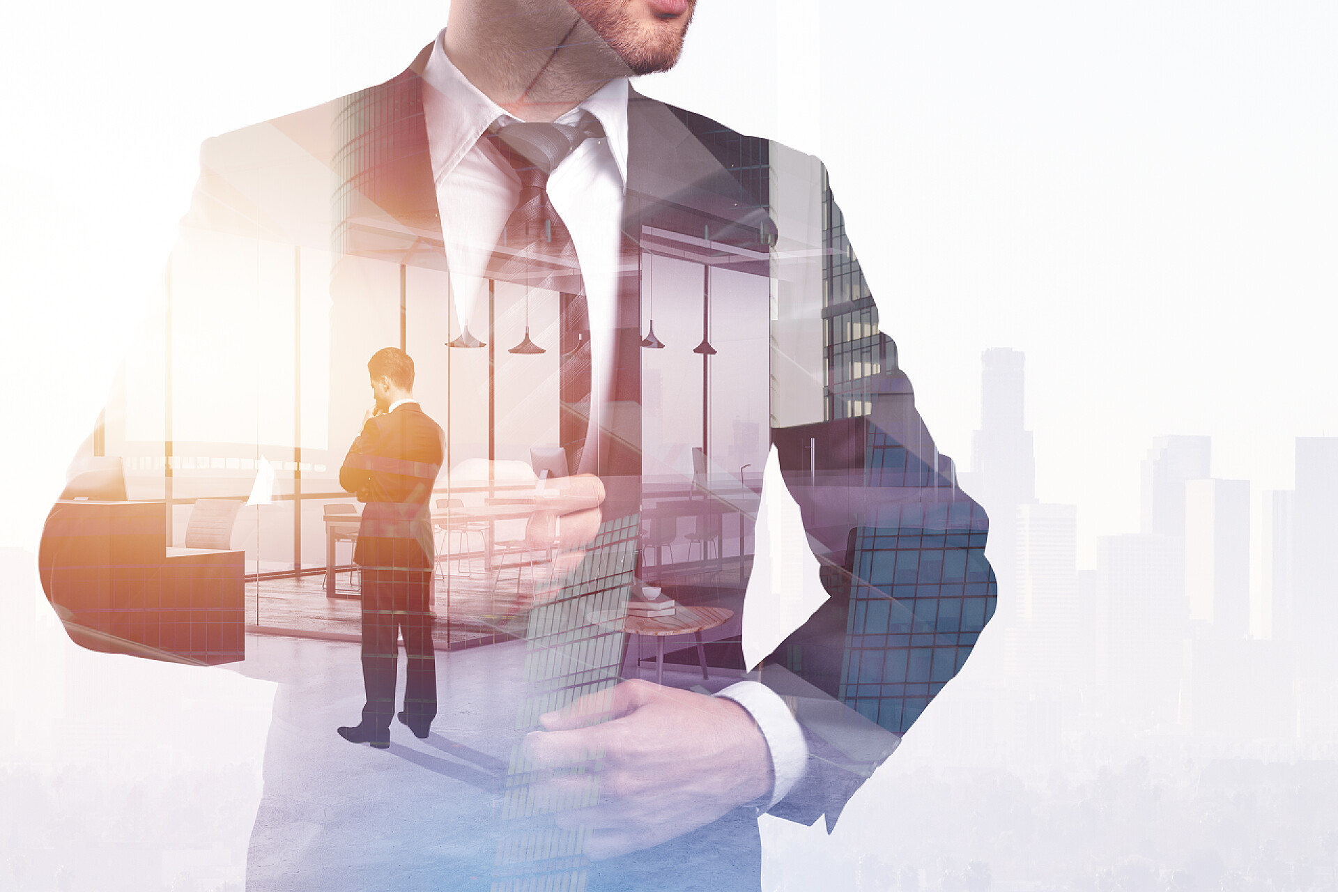 商务商人和抽象办公室内部融合的背景