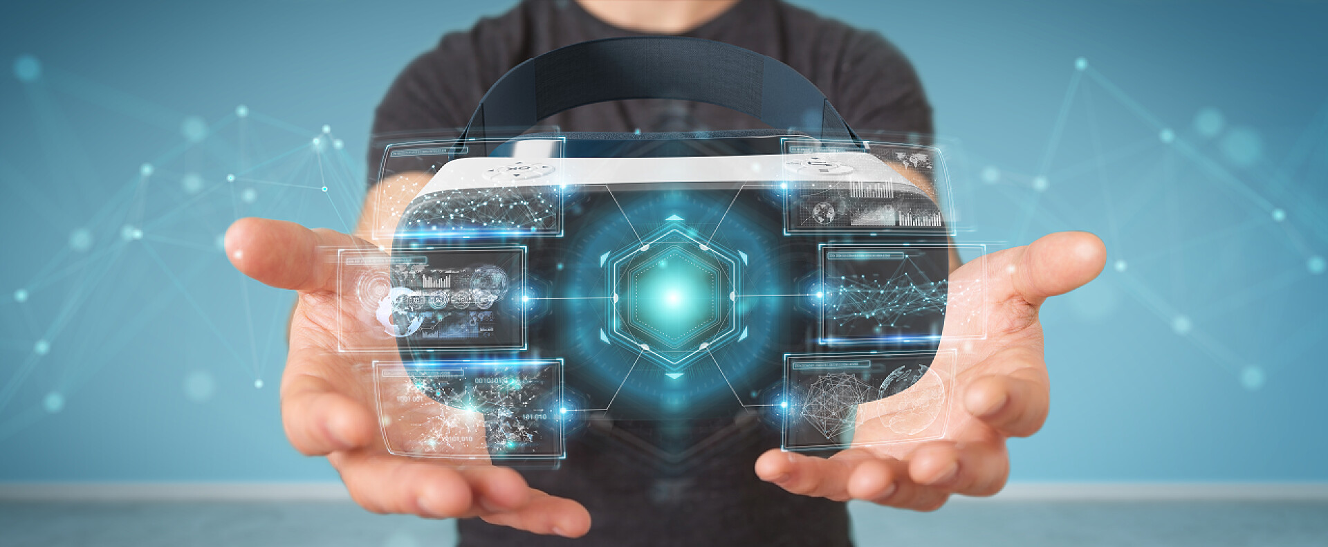 商人在模糊的背景下使用虚拟现实眼镜