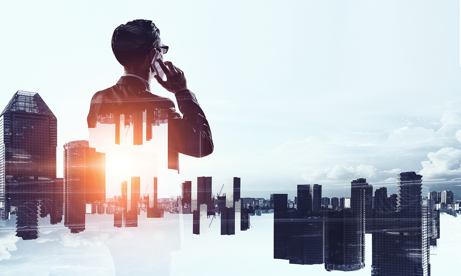 商务打电话的商务人士和办公楼建筑融合的背景