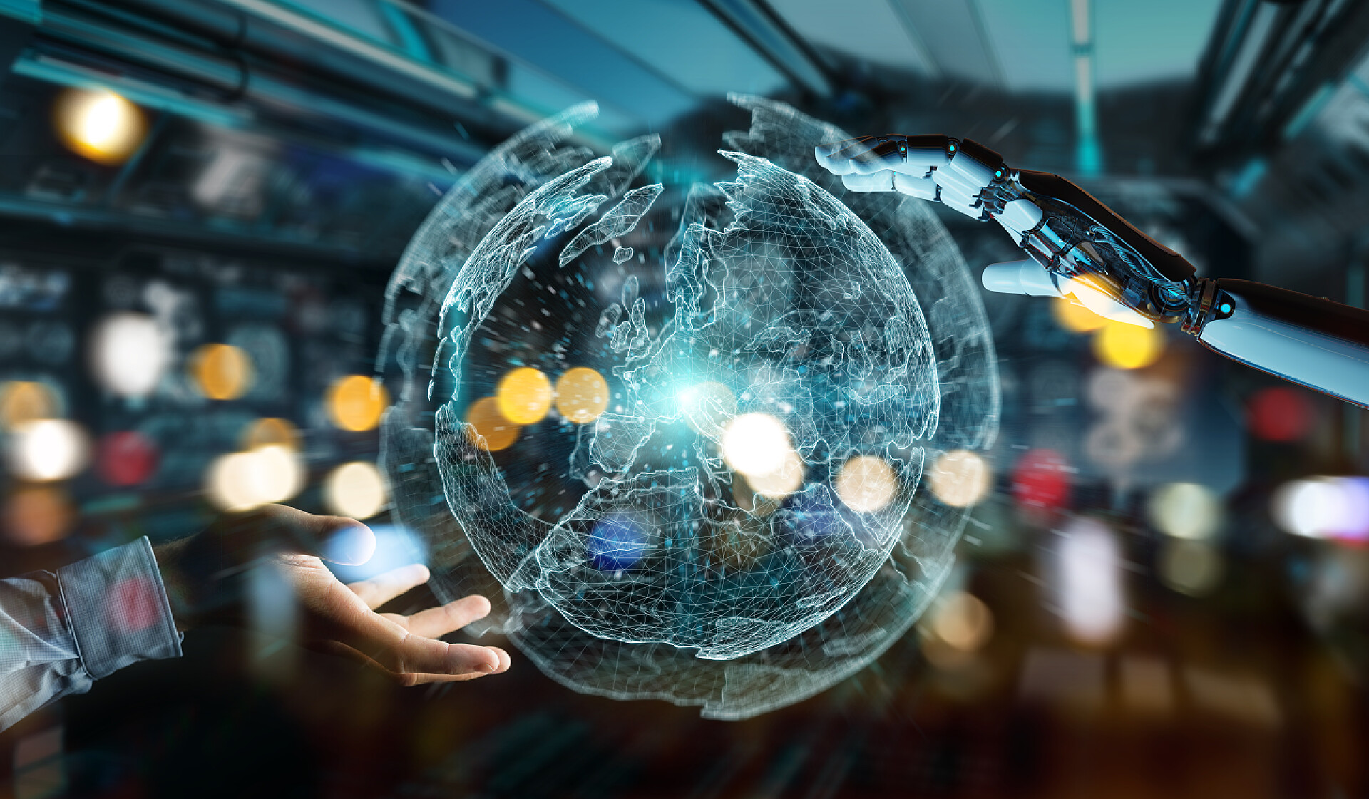 科技机器人手在模糊的背景使用数字屏幕接口