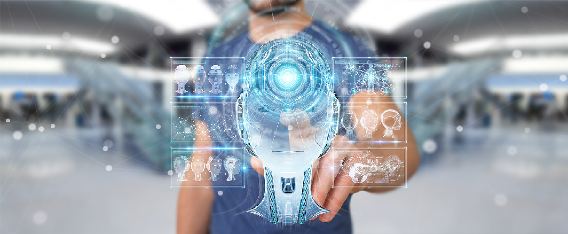 科技模糊背景下的商人使用数字人工智能接口