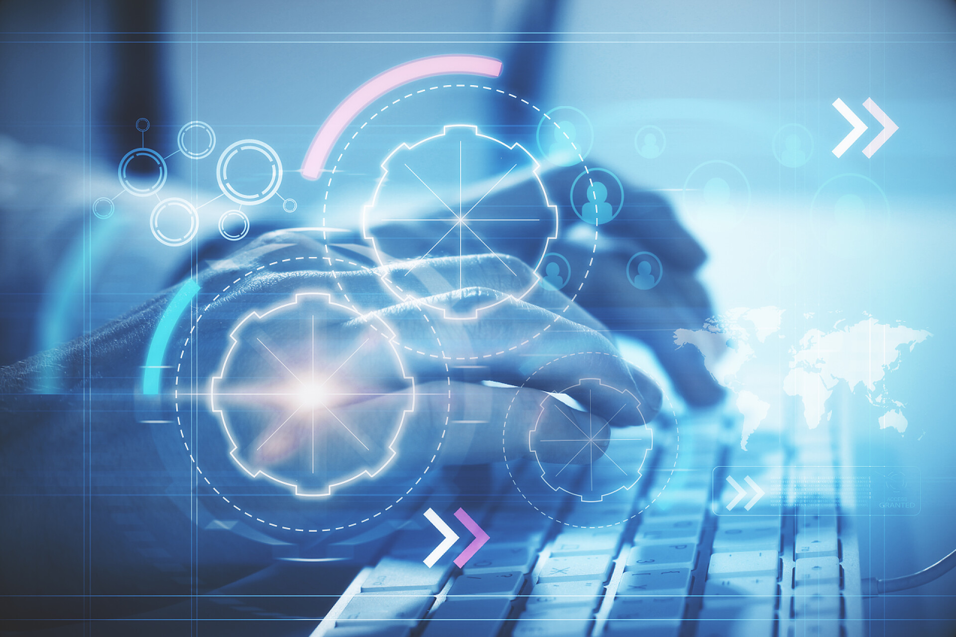 键盘和数字网络空间图标全息图科技网络的发展