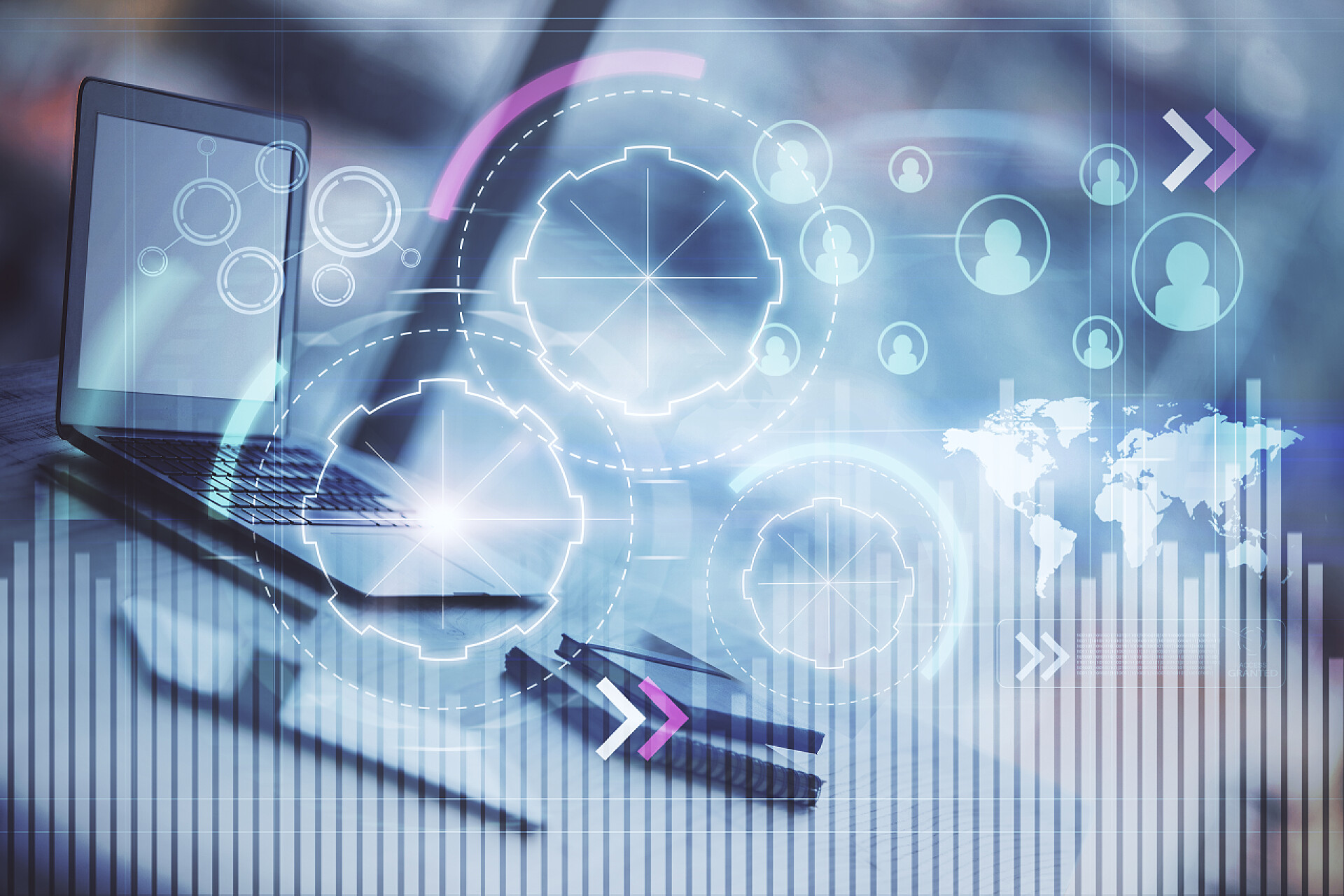 商务双曝光笔记本电脑数字社会媒体和财务图表