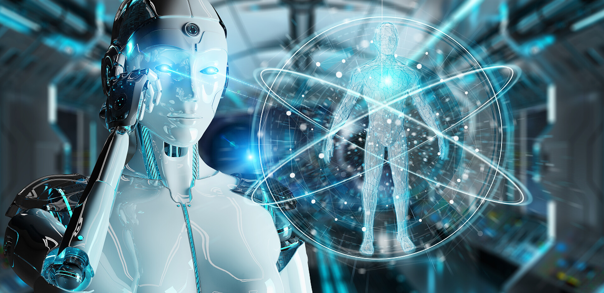 科技智能模糊背景上白色女性机器人进行人体扫描