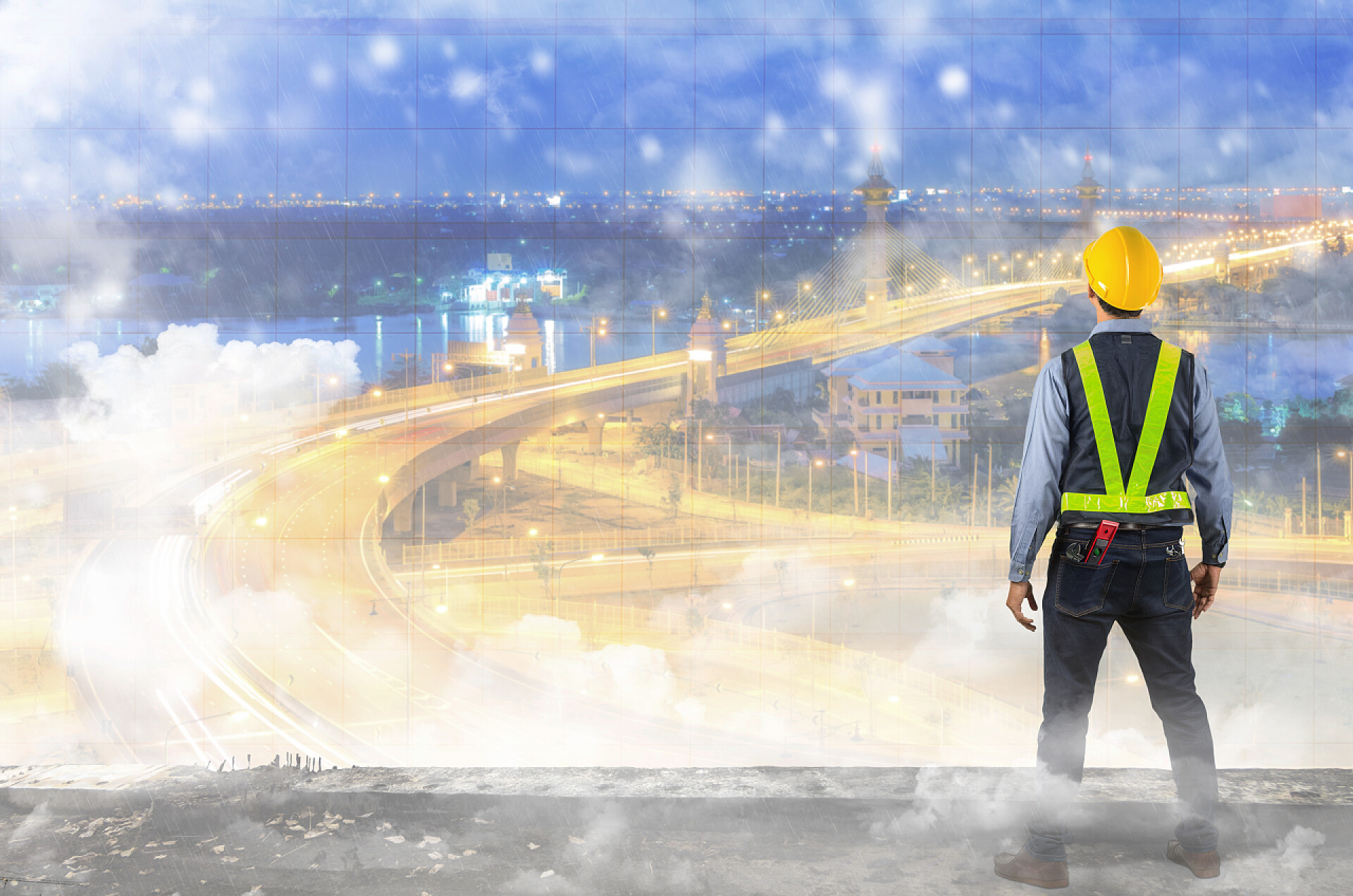 风暴背景下现代高层建筑工程师与城市夜景融合