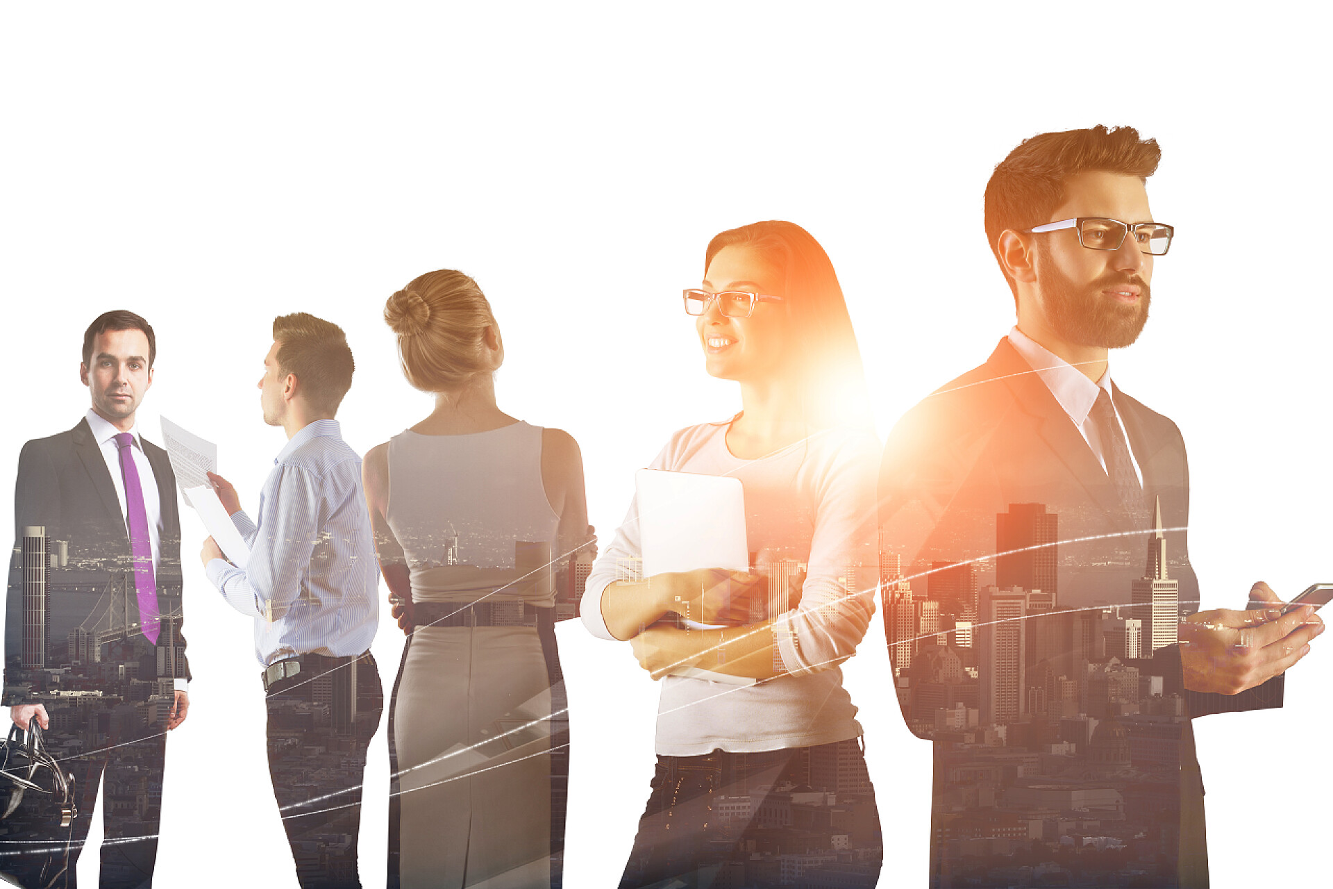 白色背景上商人和城市双重曝光商务谈判的概念