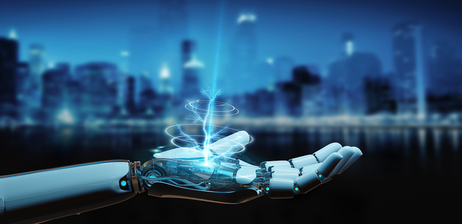 城市背景下伸出的机器人手臂