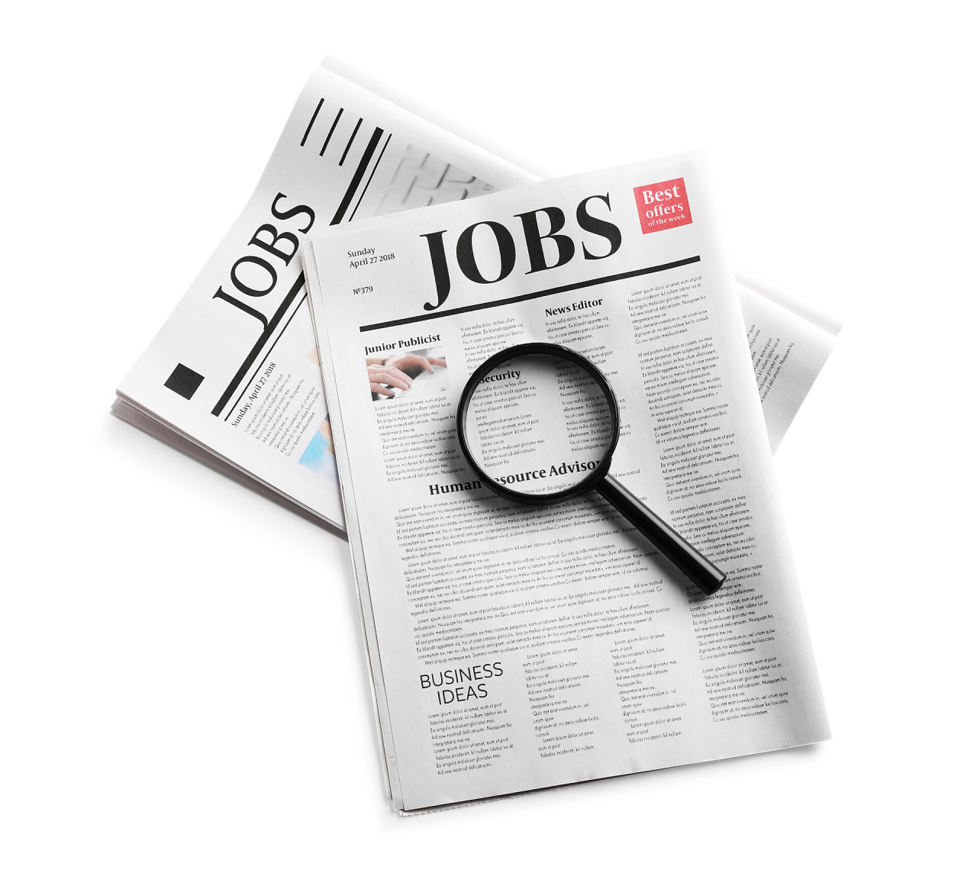 白色背景上的求职兼职和放大镜