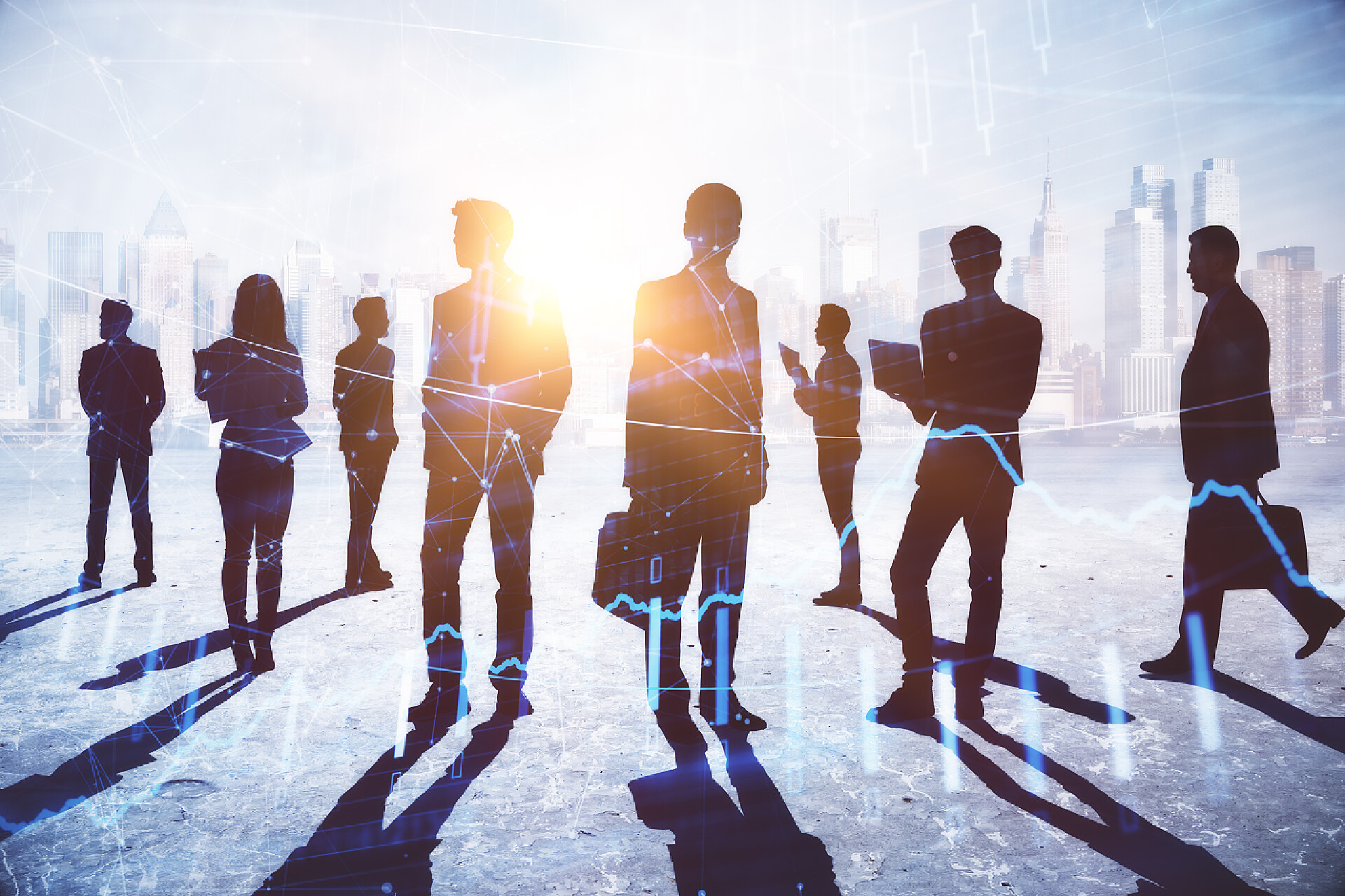 商务一群白领工作和城市建筑融合剪影