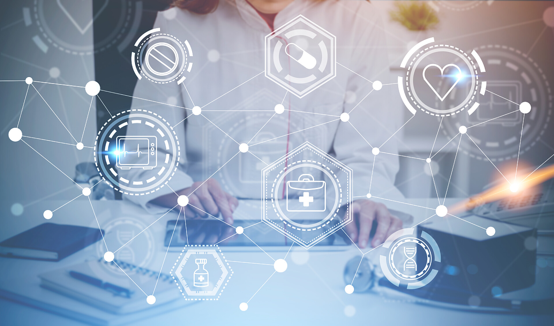 医疗科技医生和全息图标