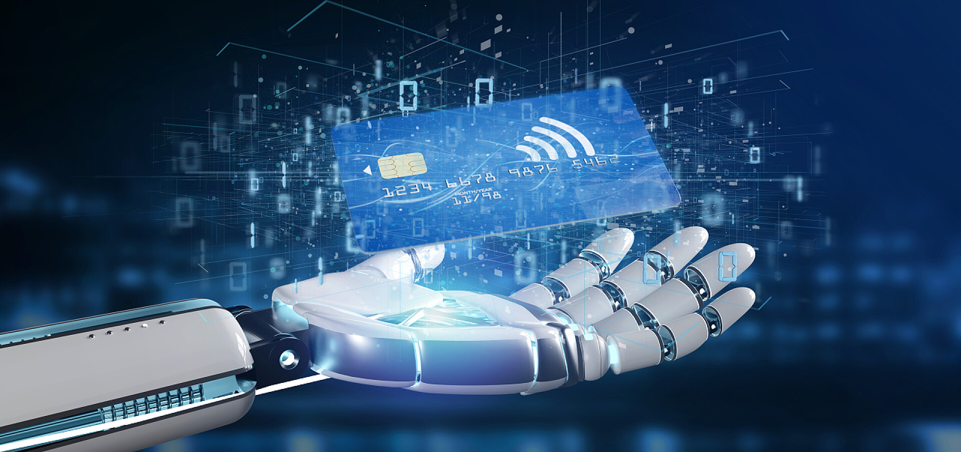 持有非接触信用卡付款概念的机器人电子行业