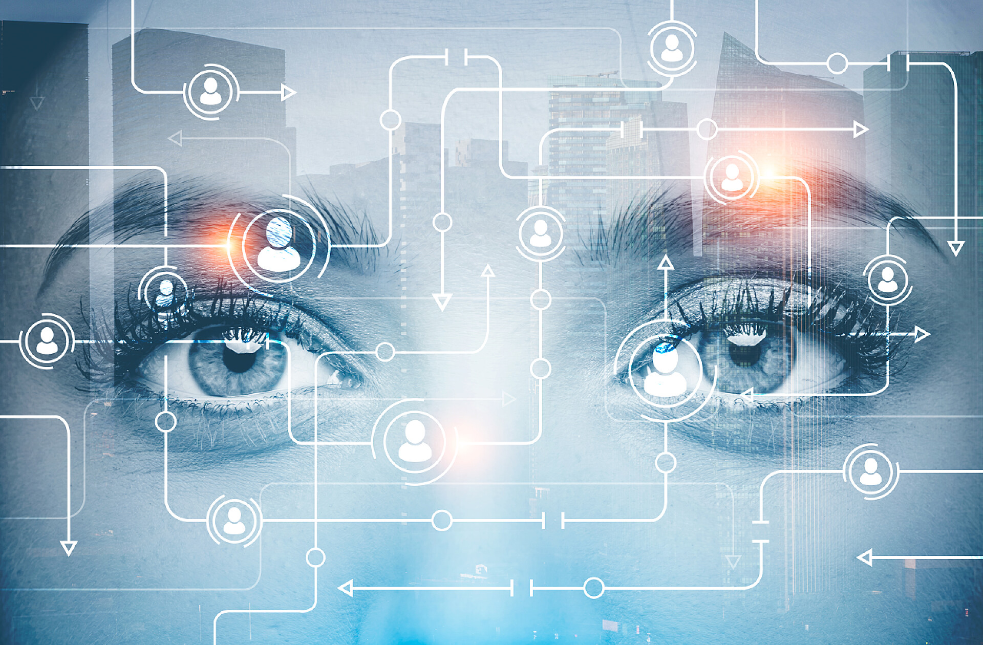 商务一个年轻漂亮的女人与高科技网络全息图