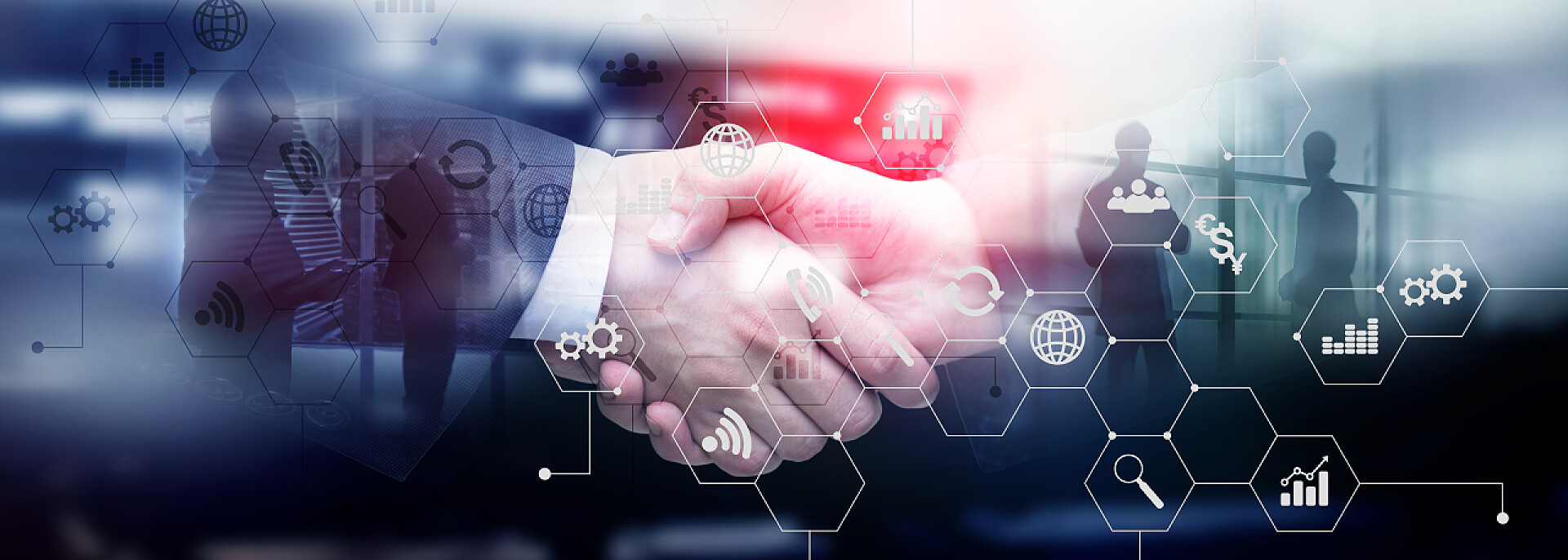 商务商务人士握手工作与全息图城市背景融合