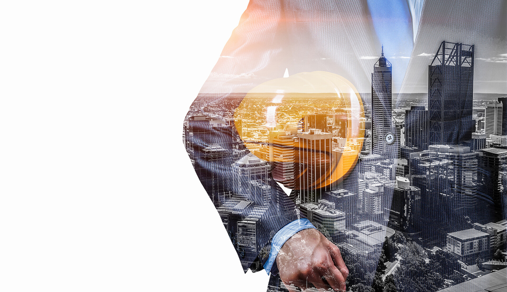 商务男子工程师和现代城市景观双重曝光