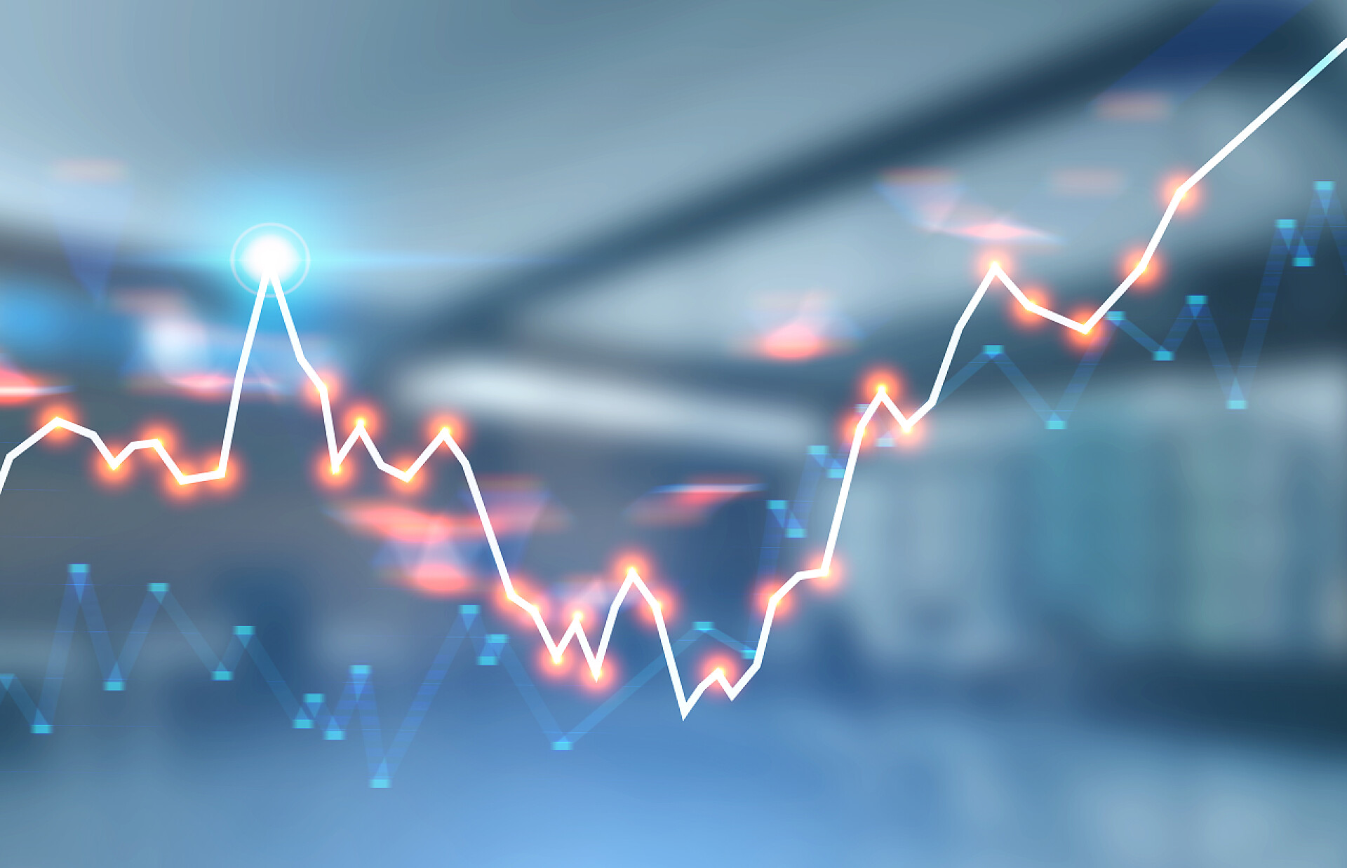 商务模糊的办公室与外汇折线图的融合