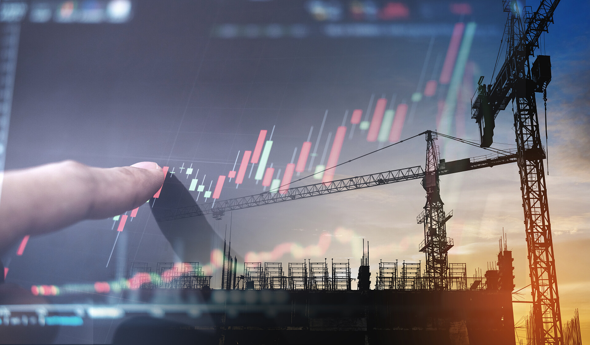 商务房地产投资走势图与建筑施工背景融合