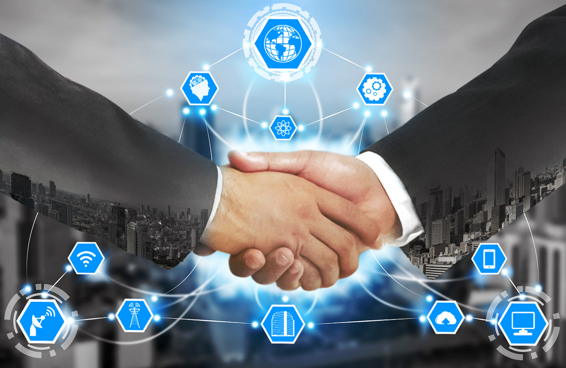 商务商务人士在智能无线通信网络背景握手合作与现代城市融合