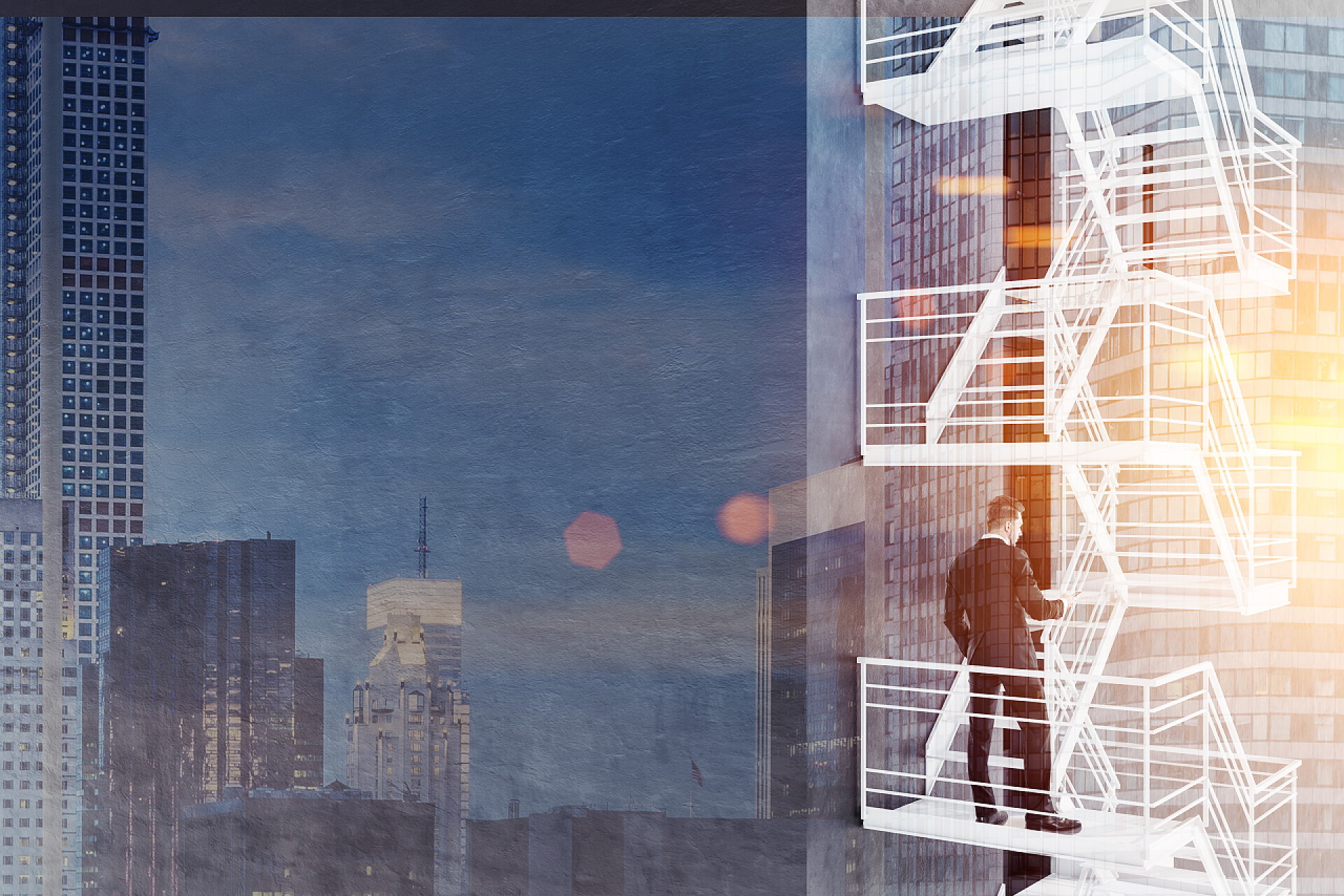 年轻的商人与智能手机站在白色紧急楼梯概念图