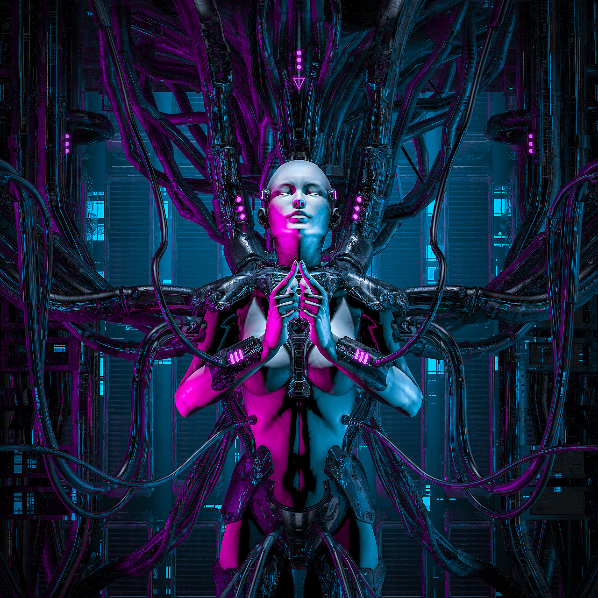 互联网科技背景中的机器人和连线