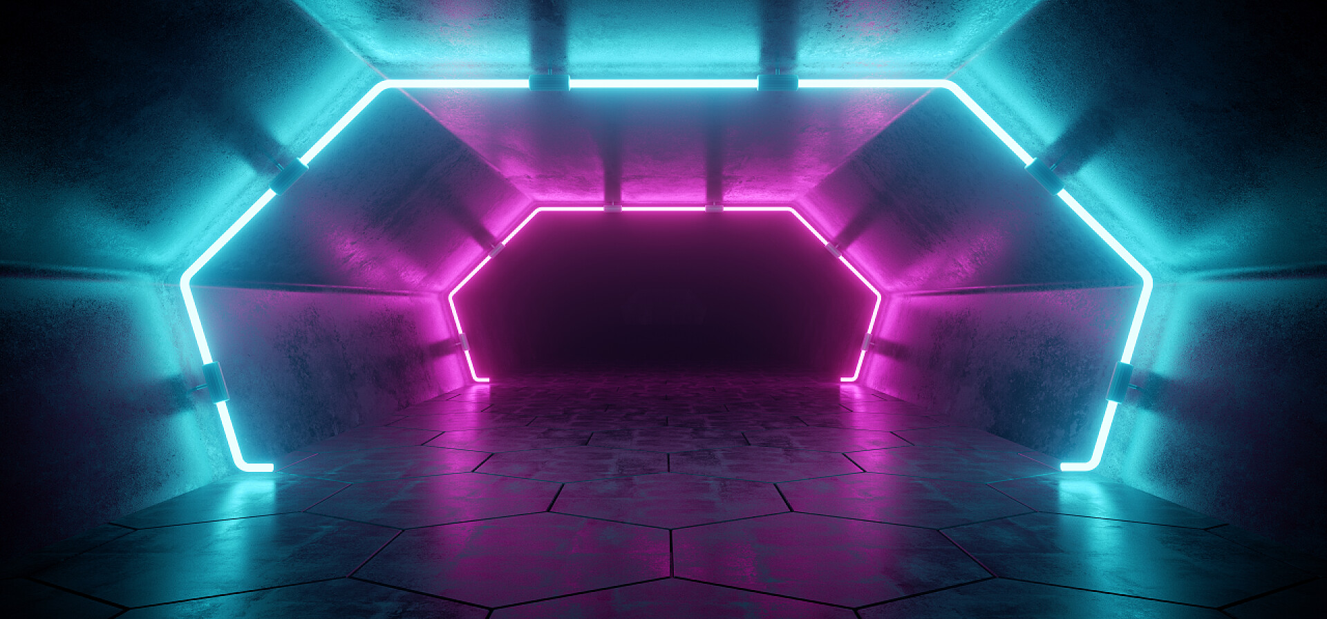 黑色背景中通往远处隧道的彩色霓虹灯