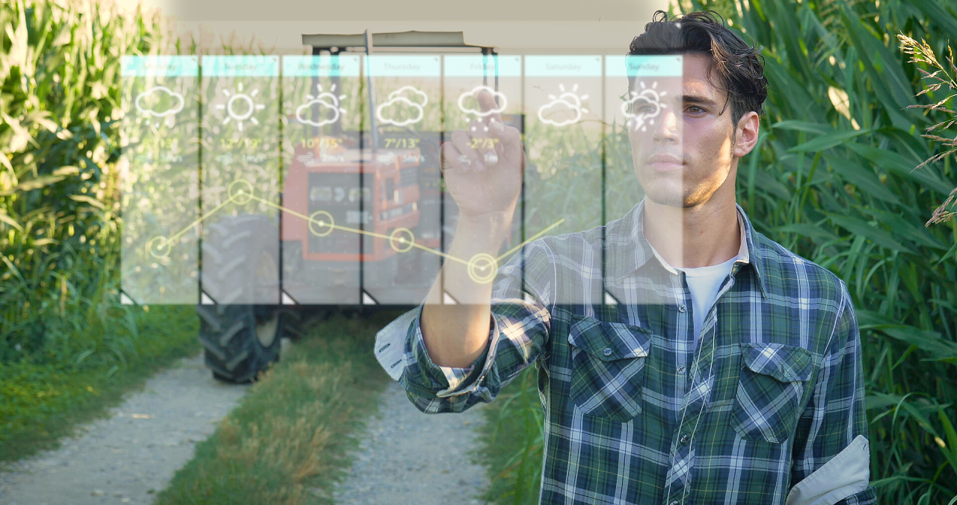 青年农民在田间工作用全息图查看天气预报未来