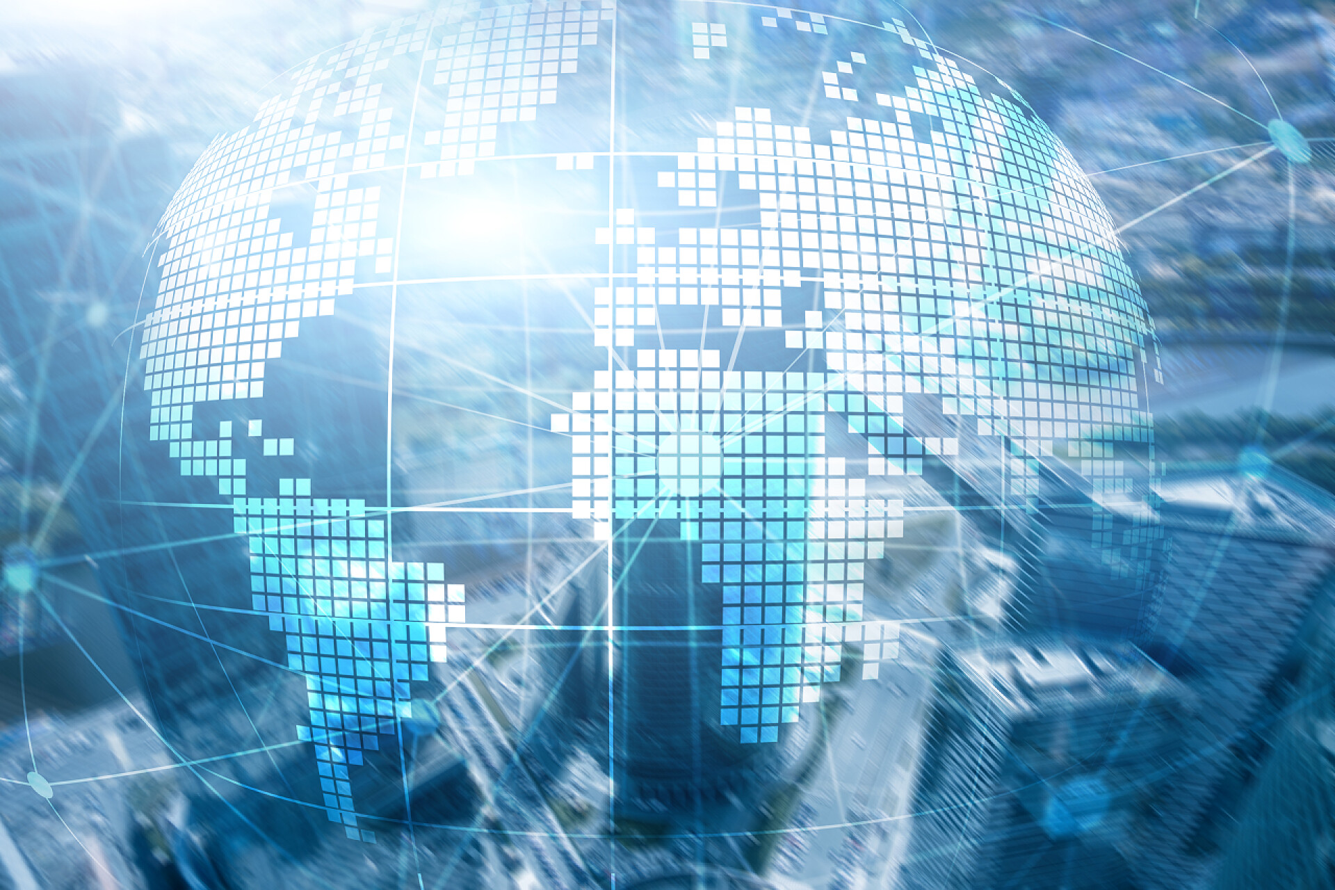 互联网科技背景城市中的地球3D模型