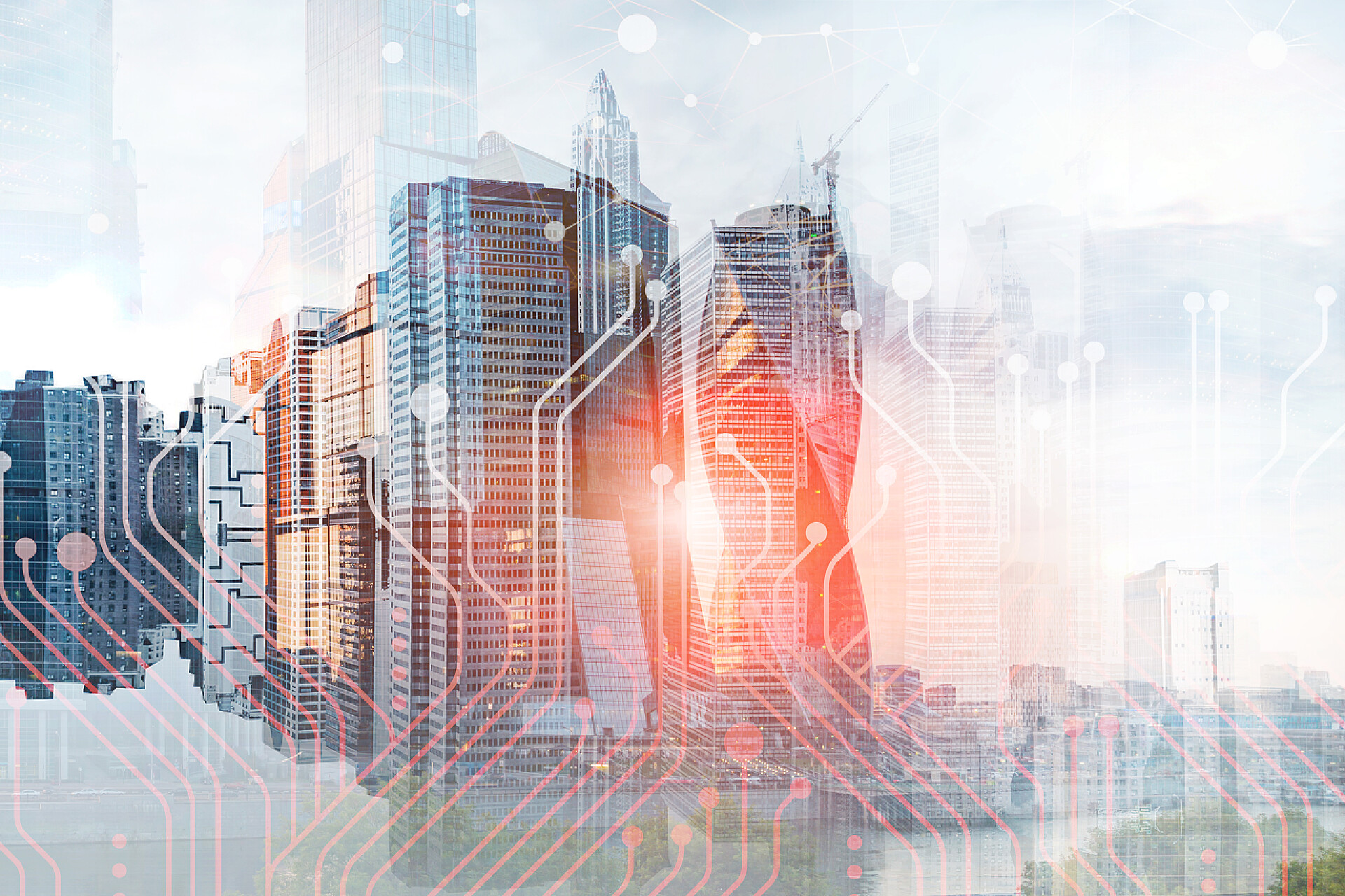 现代化城市背景中的科技线条互联网科技