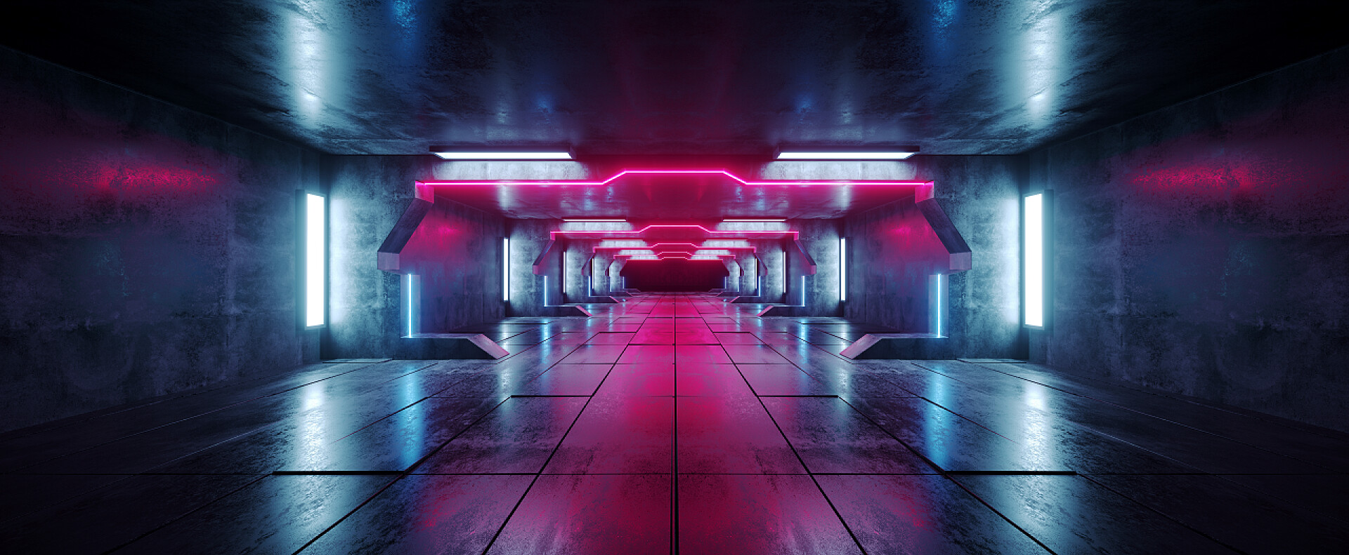 霓虹灯下发光的大厅走廊隧道