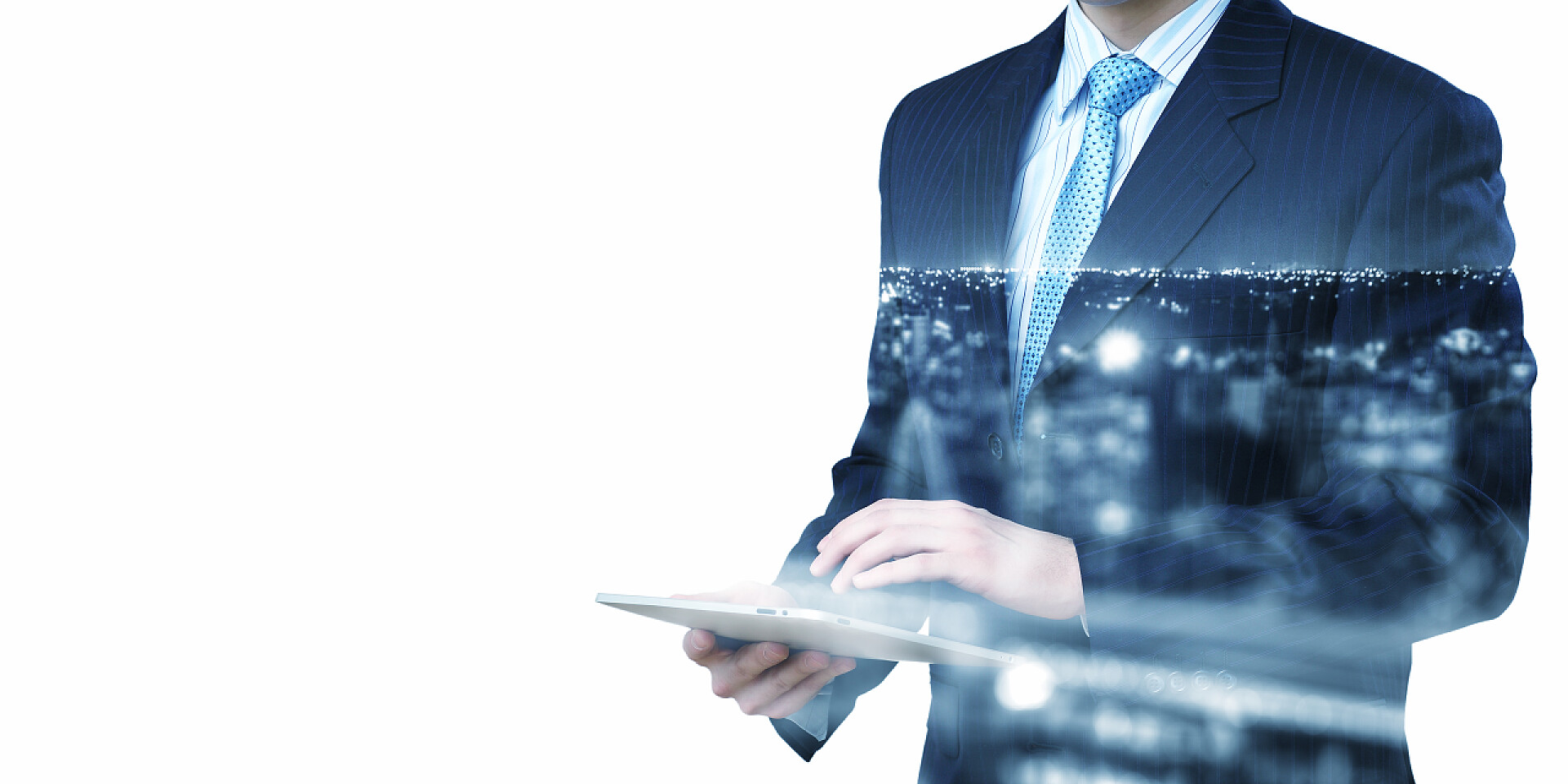 商人手拿平板和现代城市风景背景