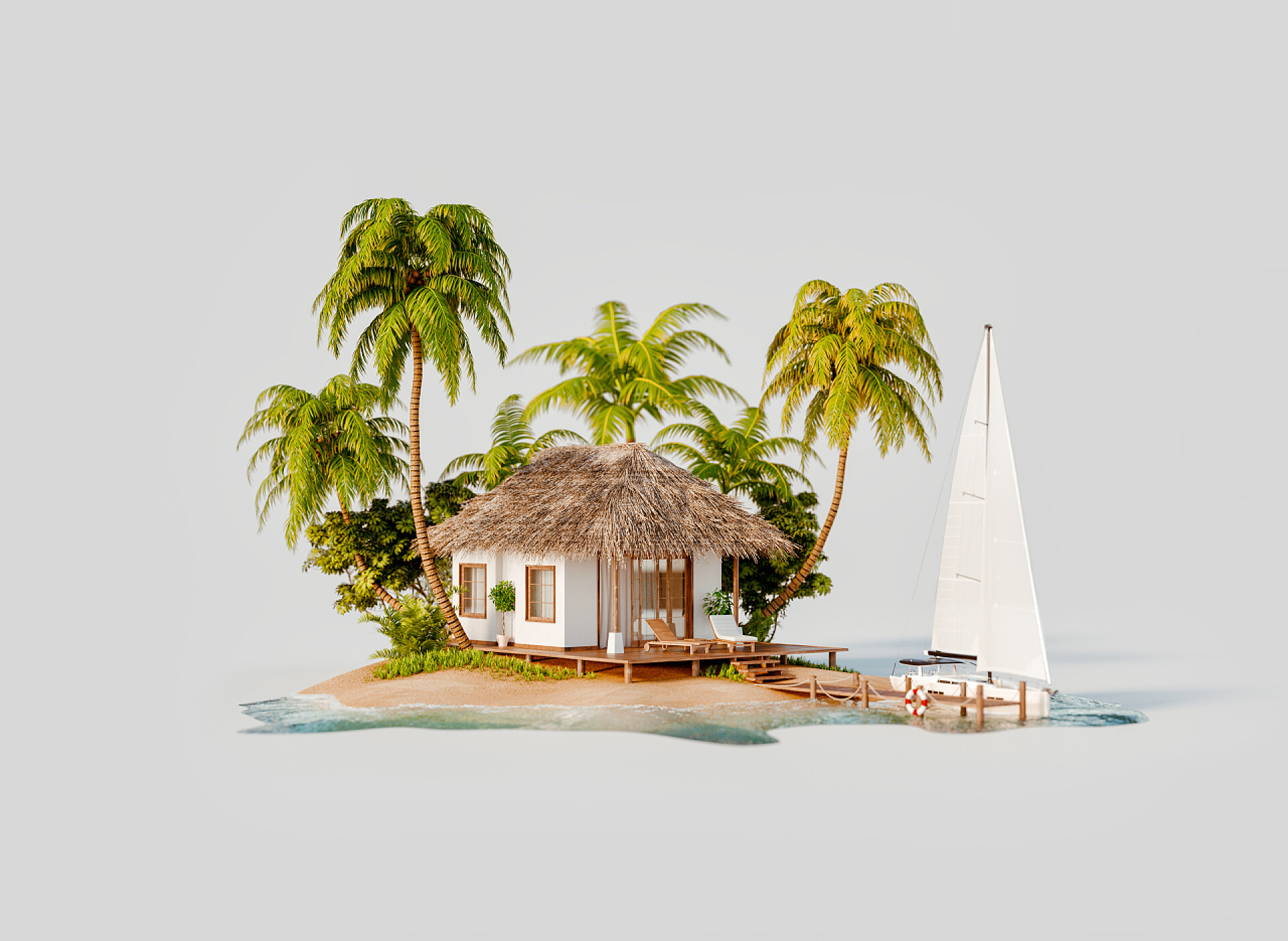 热带岛屿的旅行和度假概念3d图